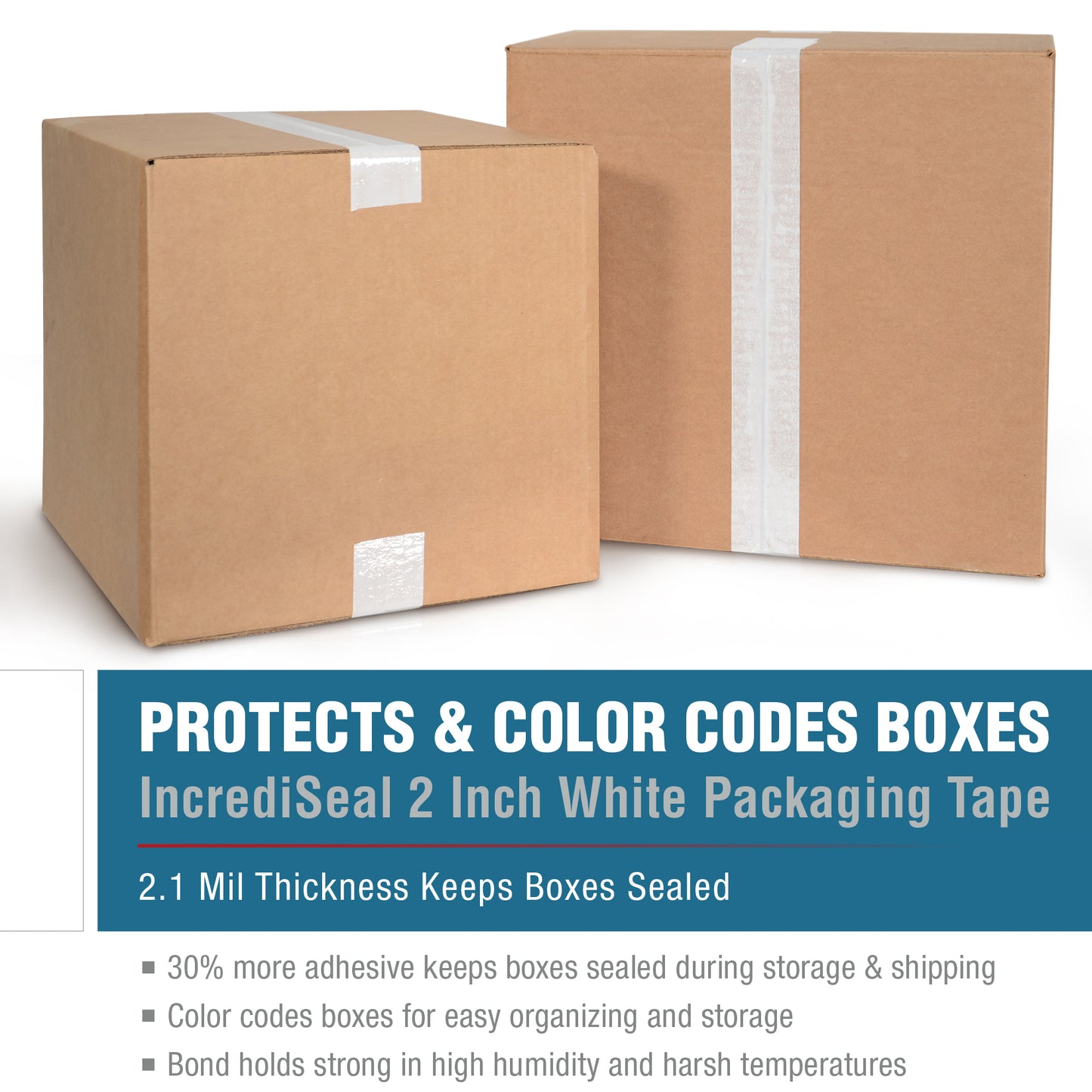 color: white ~ size 2" ~ alt: AT2-W3023 IncrediSeal ™ Polypro Packaging Tape, 2" x 110 yds, x 2.10 mil, White Packaging Tape, 36 rolls/case