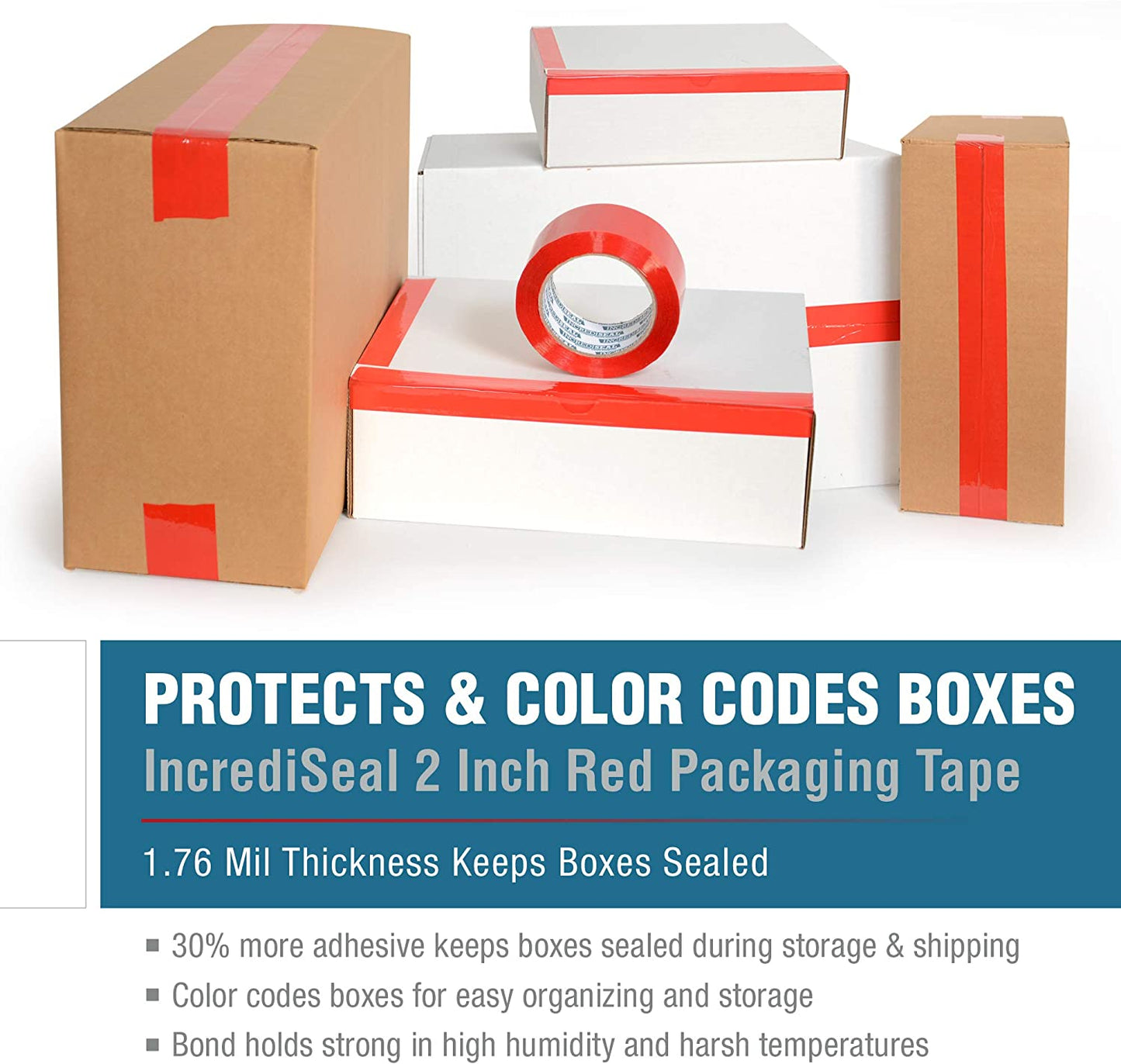 color: red ~ size 2" ~ alt: AT2-R2520 IncrediSeal ™ Polypro Packaging Tape, 2" x 110 yds, x 1.76 mil, Red Packaging Tape, 36 rolls/case