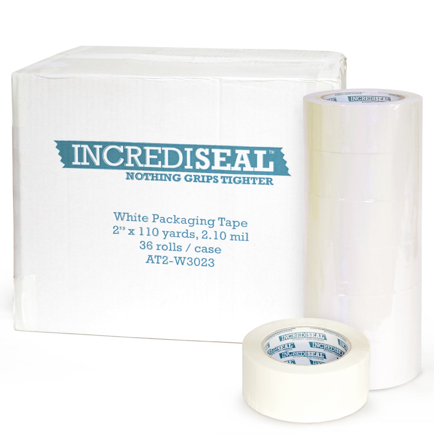 color: white ~ size 2" ~ alt: AT2-W3023 IncrediSeal ™ Polypro Packaging Tape, 2" x 110 yds, x 2.10 mil, White Packaging Tape, 36 rolls/case