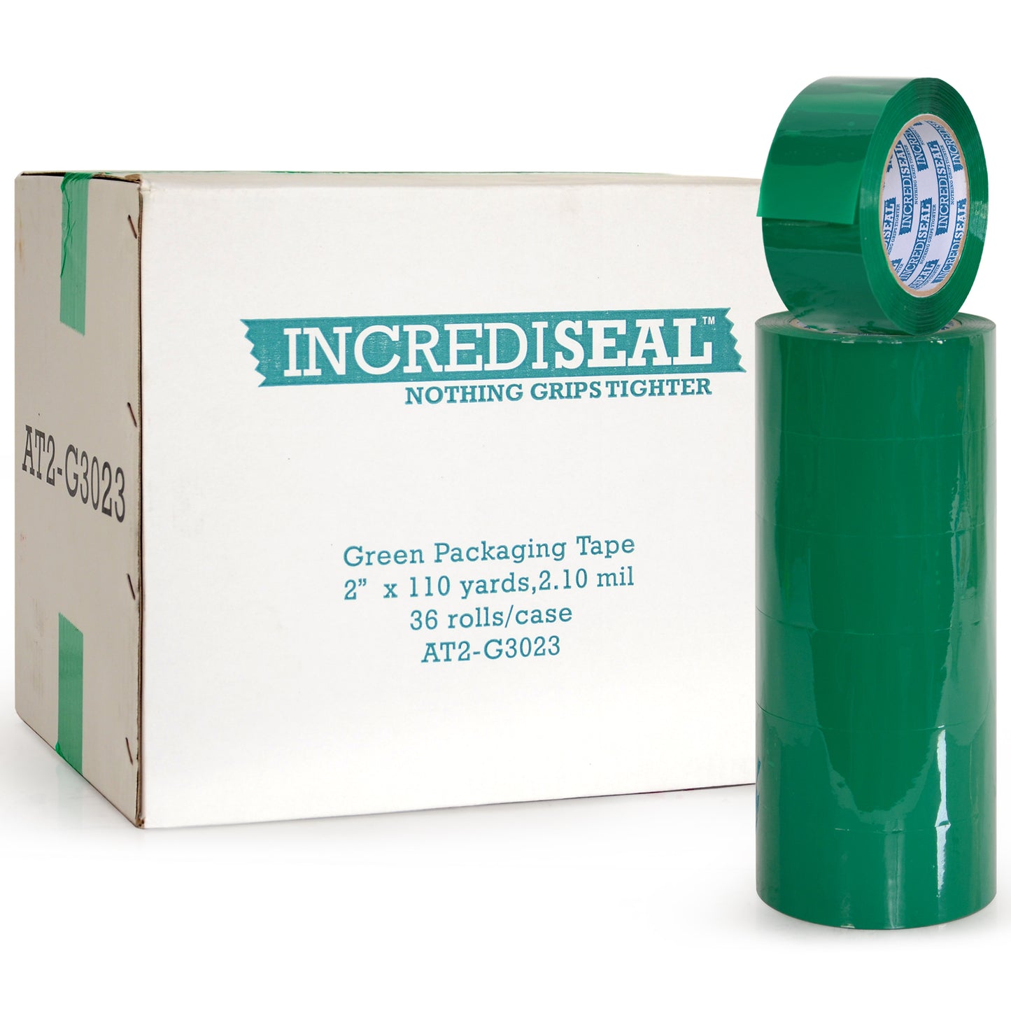 color: green ~ size 2" ~ alt: AT2-G3023 IncrediSeal Polypro Packaging Tape, 2" x 110 yds, x 2.10 mil, Green Packaging Tape, 36 rolls/case