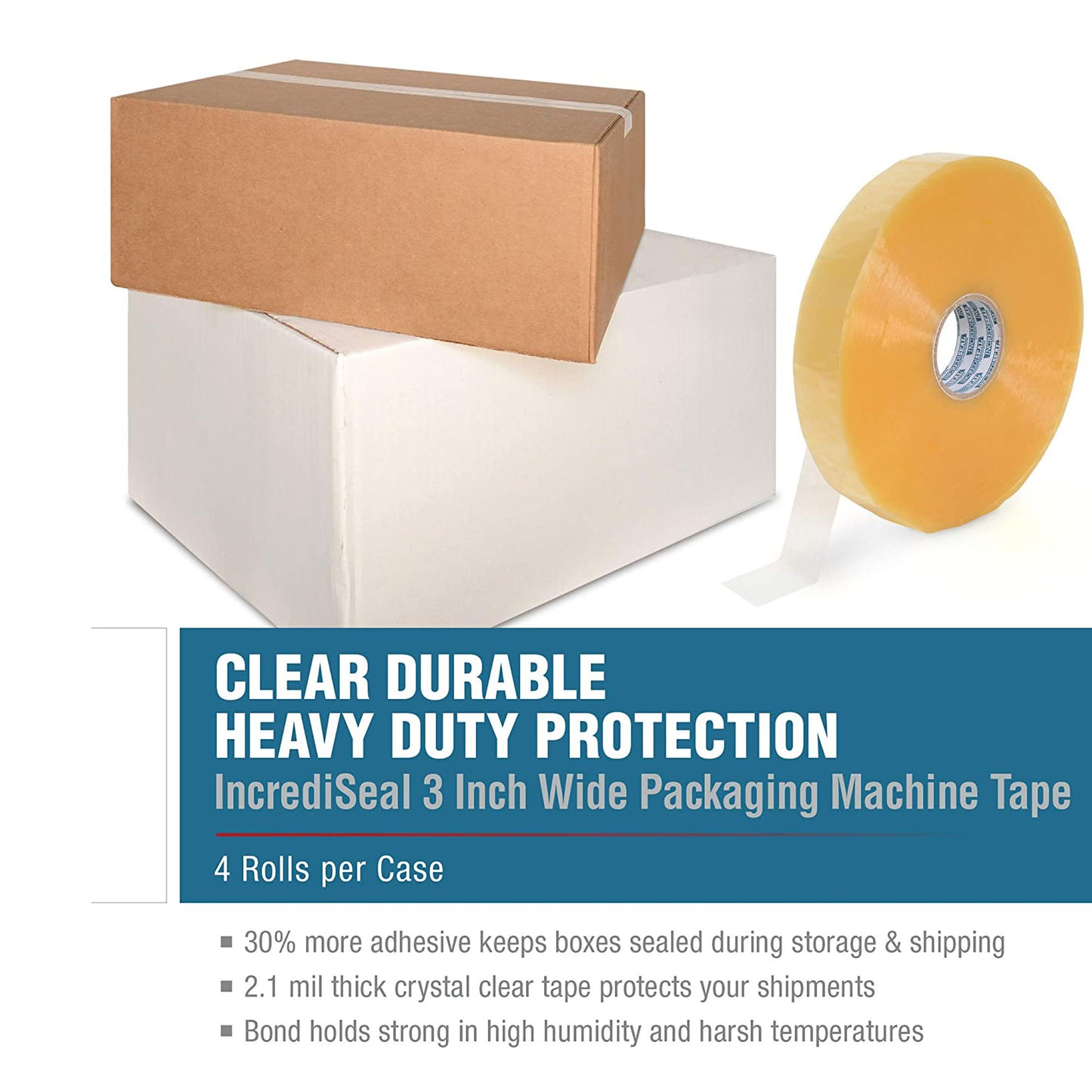 color: clear ~ size 3" ~ alt: AT3-3023M IncrediSeal ™ Polypro Packaging Tape, 3" x 1350 yds, 2.10 mil Clear Machine Tape, 4 rolls/case