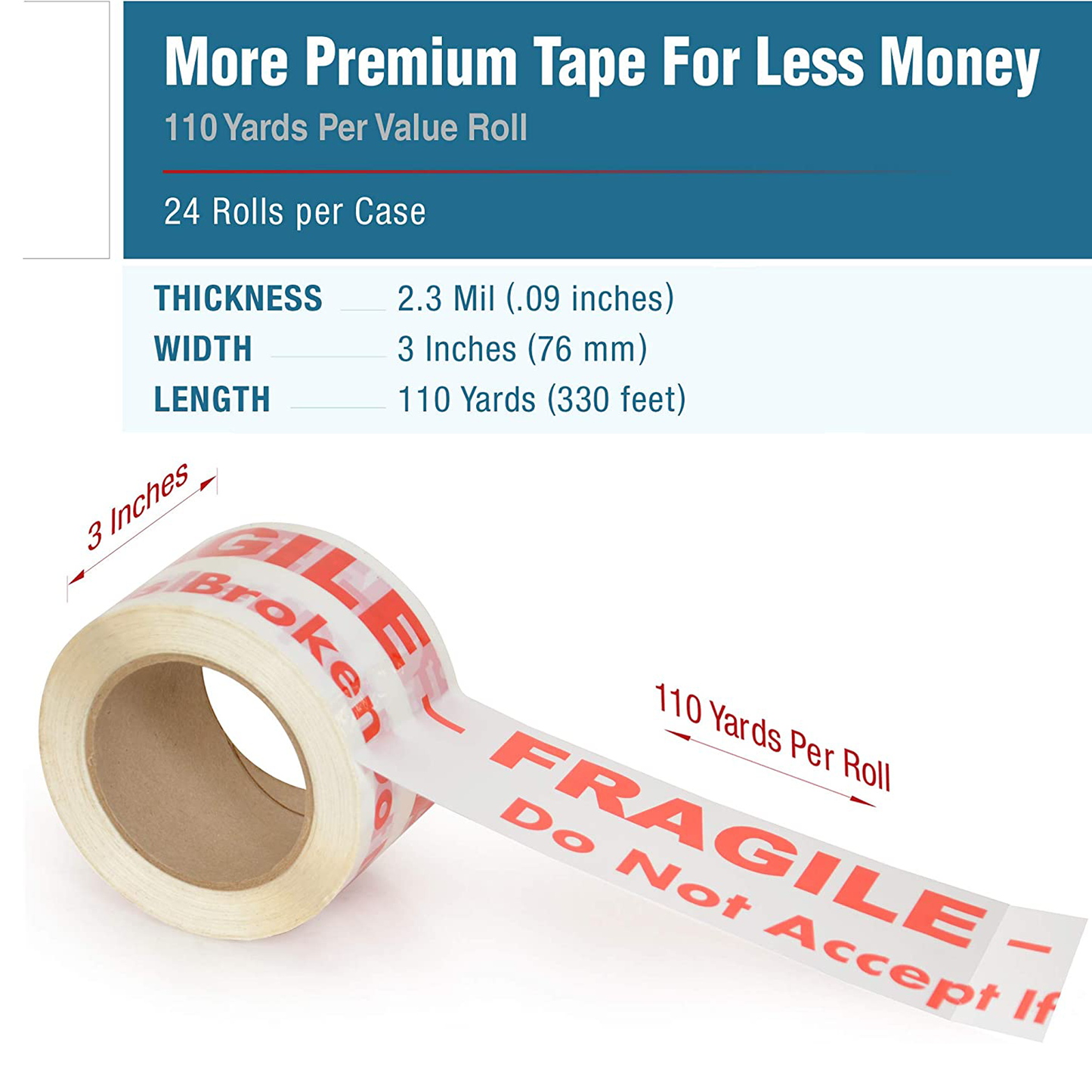 color: white ~ size 3" ~ alt: AT3-W3028 IncrediSeal ™ Polypro White Fragile Tape, 3" x 110 yards, 2.30 mil, White w/ Red print, 24 rolls per case