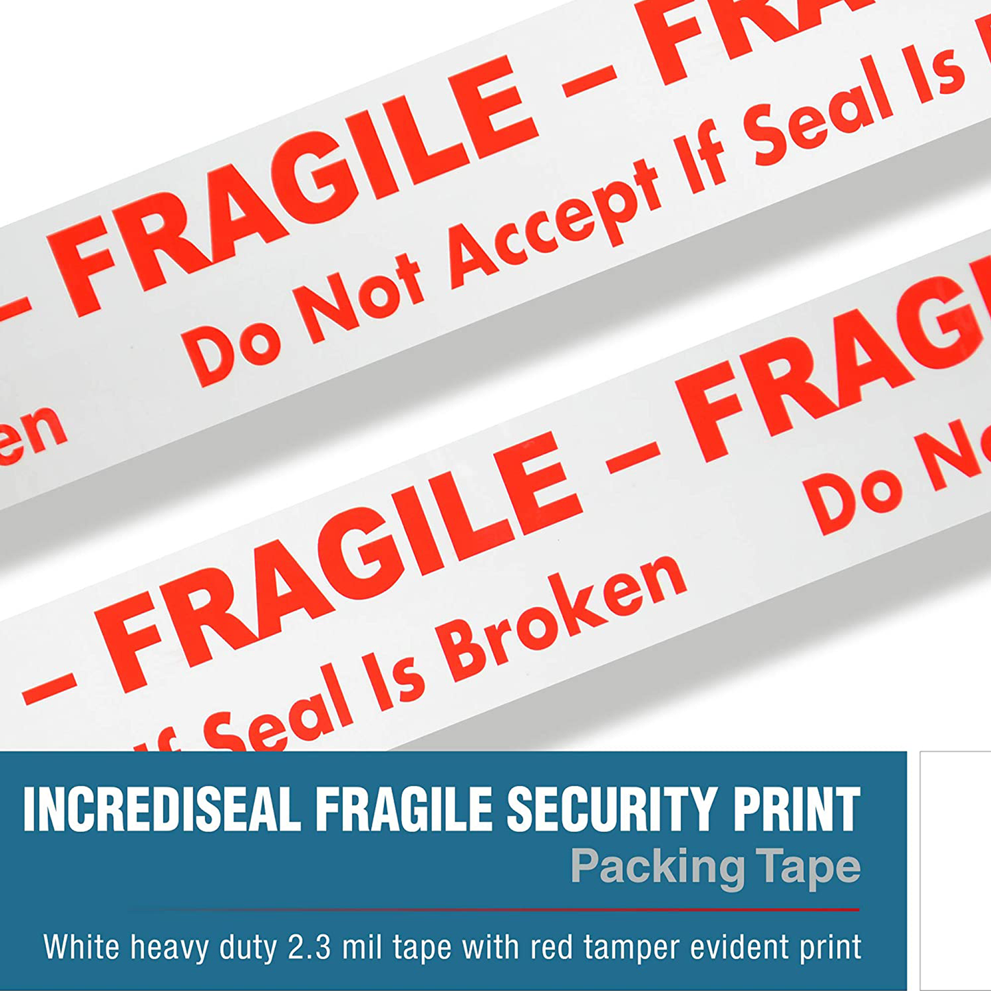 color: white ~ size 3" ~ alt: AT3-W3028 IncrediSeal ™ Polypro White Fragile Tape, 3" x 110 yards, 2.30 mil, White w/ Red print, 24 rolls per case