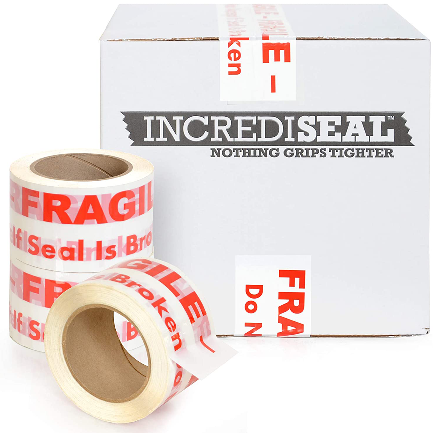 color: white ~ size 3" ~ alt: AT3-W3028 IncrediSeal ™ Polypro White Fragile Tape, 3" x 110 yards, 2.30 mil, White w/ Red print, 24 rolls per case