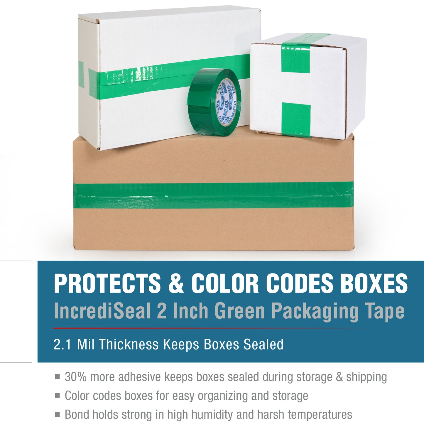 color: green ~ size 2" ~ alt: AT2-G3023 IncrediSeal Polypro Packaging Tape, 2" x 110 yds, x 2.10 mil, Green Packaging Tape, 36 rolls/case