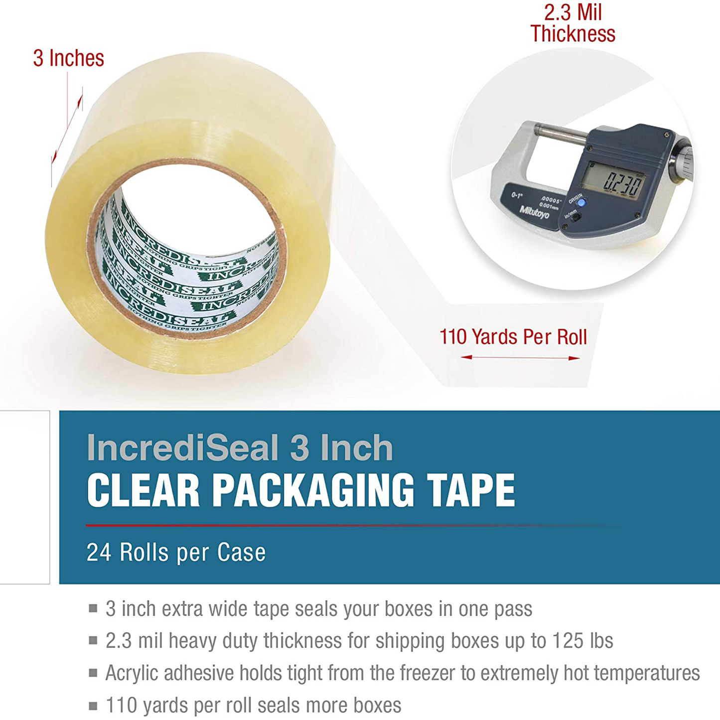 color: clear ~ size 3" ~ alt: IncrediSeal Clear Heavy Duty Packaging Packing Shipping Tape, 3 Inch x 110 Yards x 2.3 Mil (24 Rolls per Case)