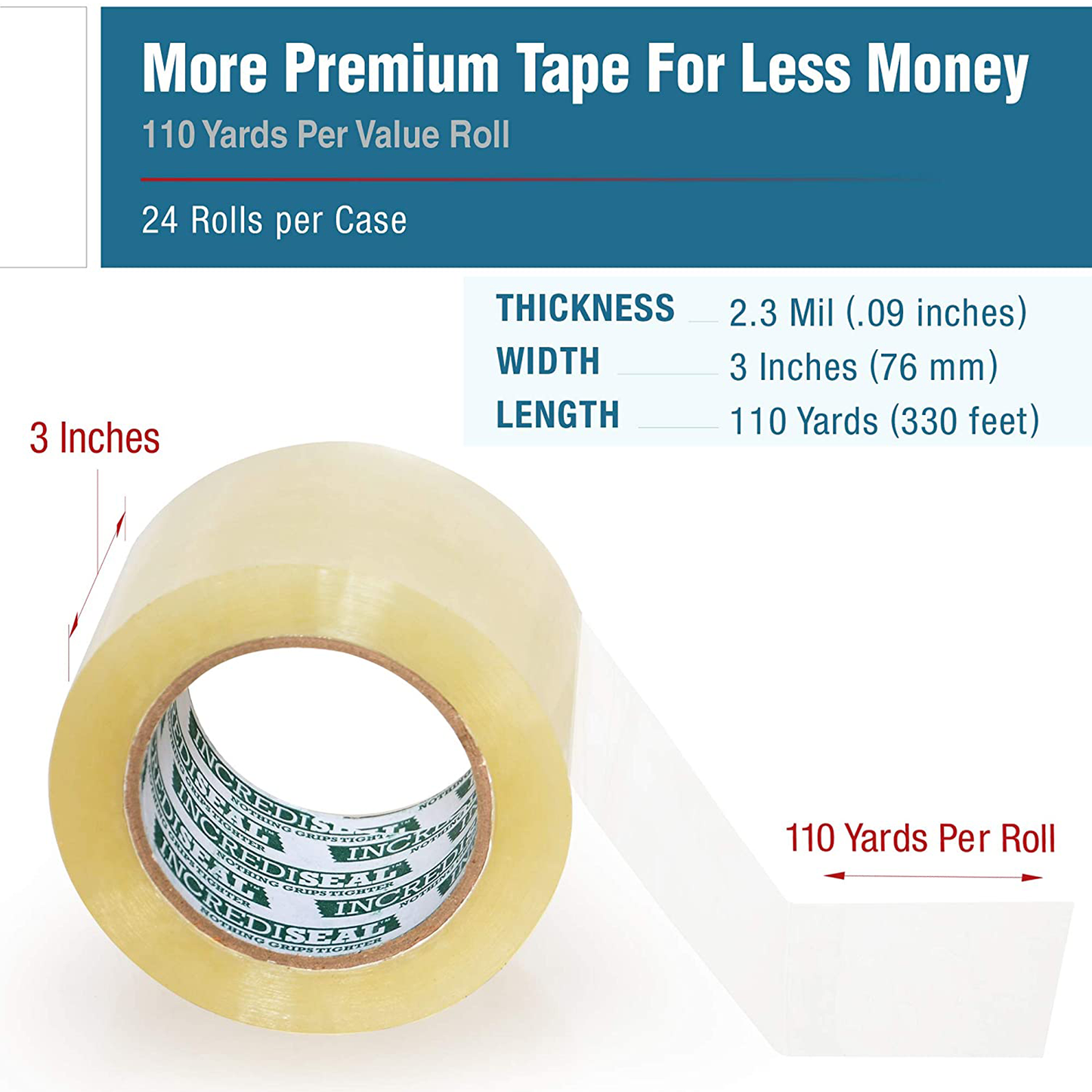 color: clear ~ size 3" ~ alt: IncrediSeal Clear Heavy Duty Packaging Packing Shipping Tape, 3 Inch x 110 Yards x 2.3 Mil (24 Rolls per Case)