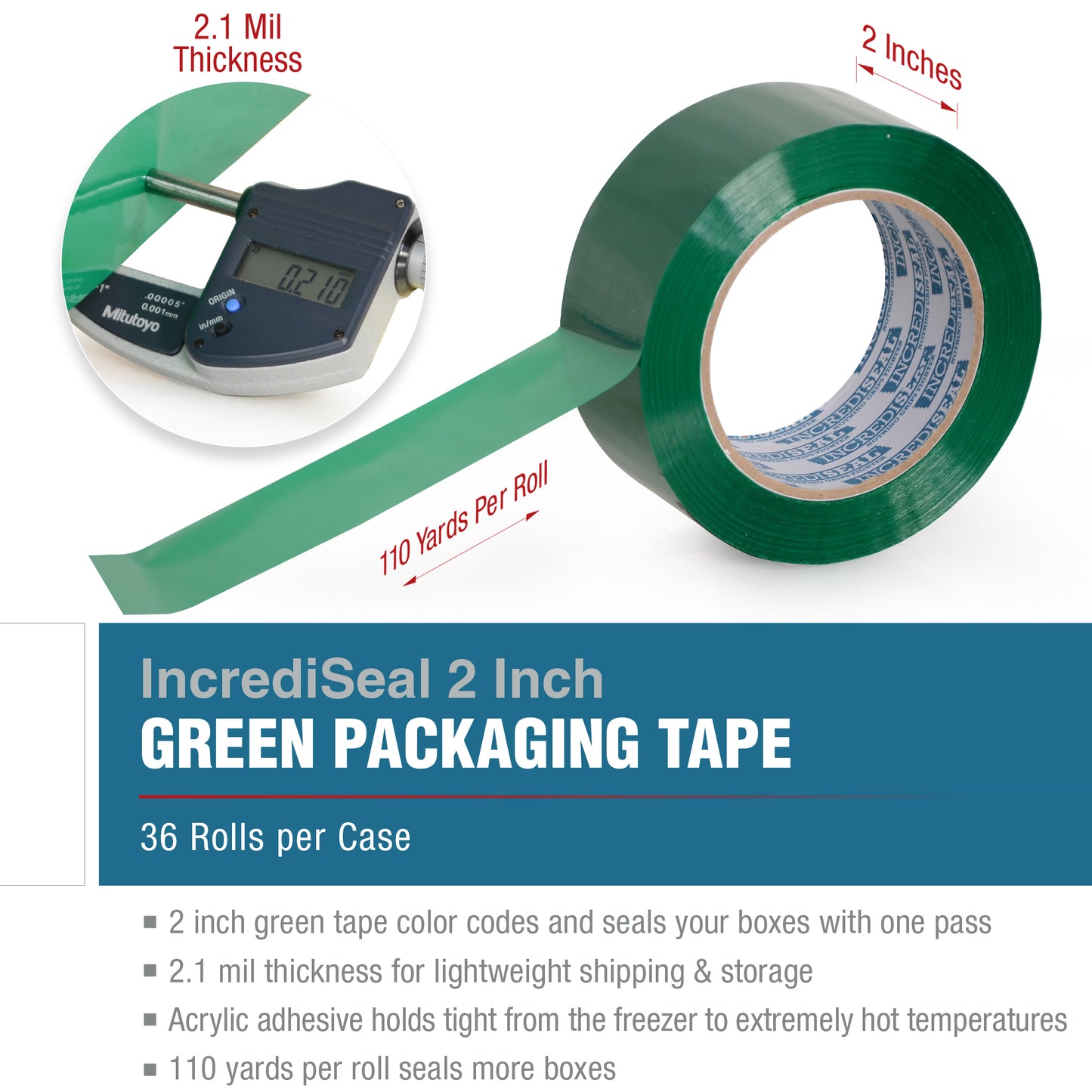 color: green ~ size 2" ~ alt: AT2-G3023 IncrediSeal Polypro Packaging Tape, 2" x 110 yds, x 2.10 mil, Green Packaging Tape, 36 rolls/case