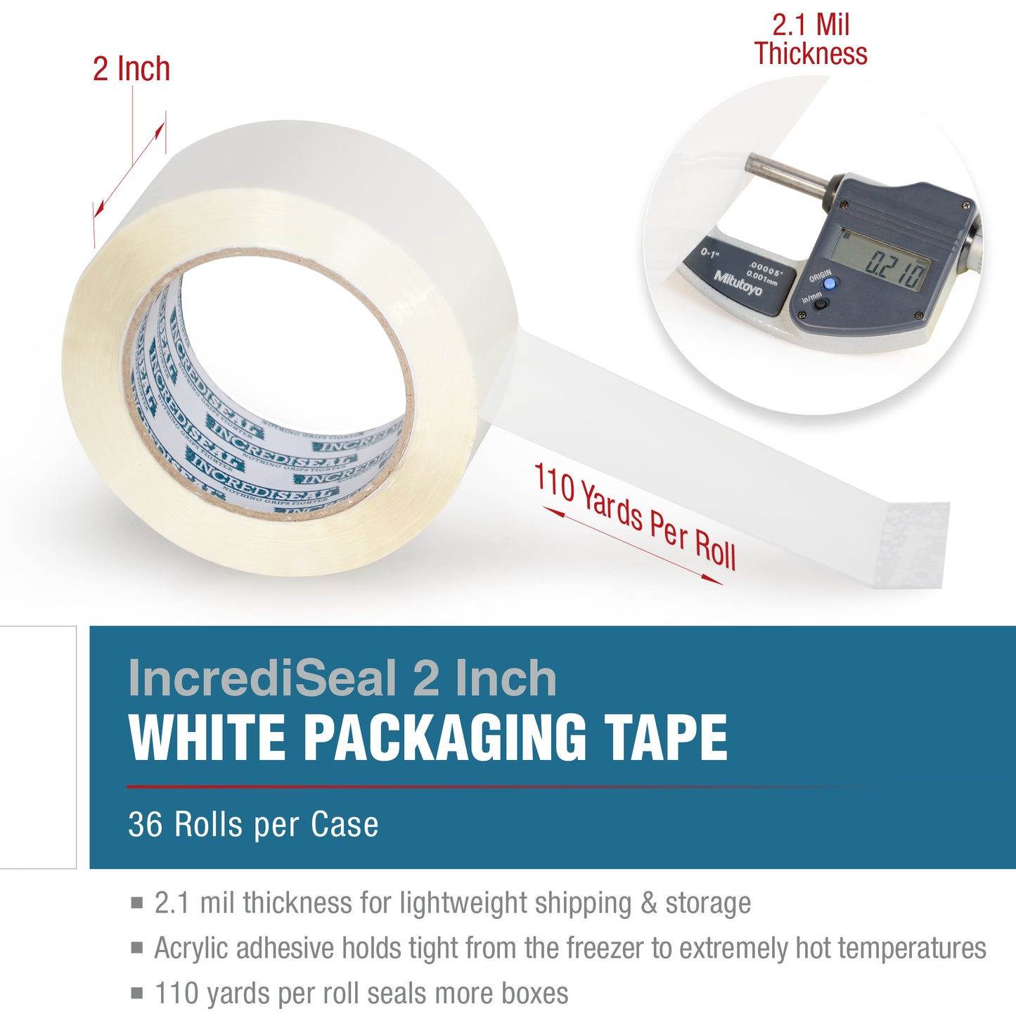 color: white ~ size 2" ~ alt: AT2-W3023 IncrediSeal ™ Polypro Packaging Tape, 2" x 110 yds, x 2.10 mil, White Packaging Tape, 36 rolls/case