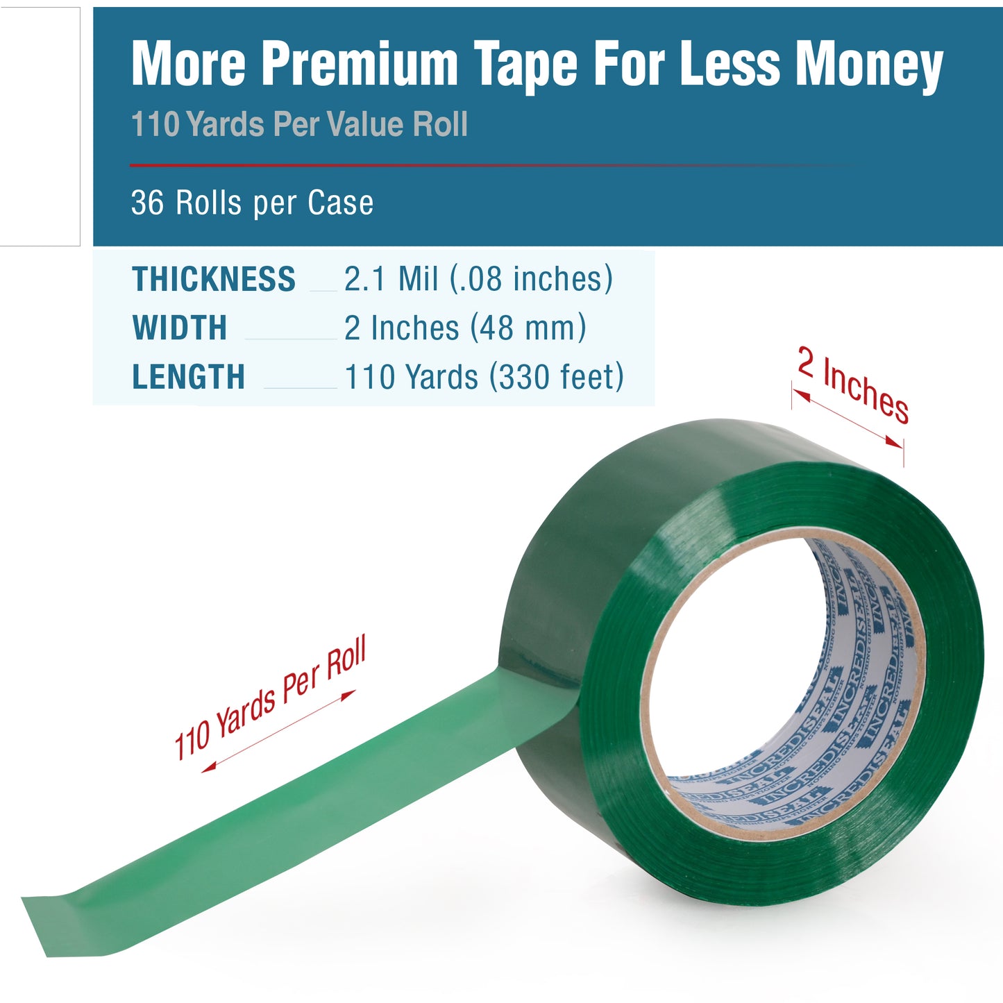 color: green ~ size 2" ~ alt: AT2-G3023 IncrediSeal Polypro Packaging Tape, 2" x 110 yds, x 2.10 mil, Green Packaging Tape, 36 rolls/case