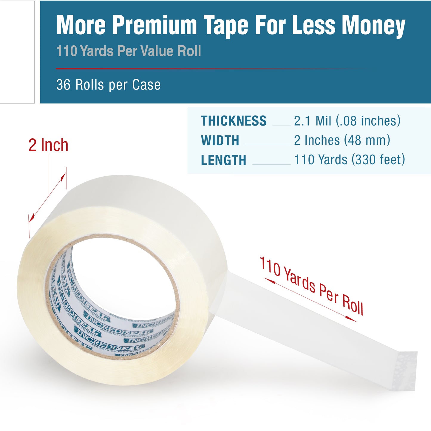 color: white ~ size 2" ~ alt: AT2-W3023 IncrediSeal ™ Polypro Packaging Tape, 2" x 110 yds, x 2.10 mil, White Packaging Tape, 36 rolls/case