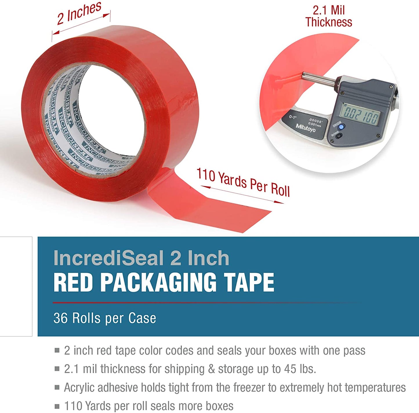 color: red ~ size 2" ~ alt: AT2-R3023 IncrediSeal ™ Polypro Packaging Tape, 2" x 110 yds, x 2.10 mil, Red Packaging Tape, 36 rolls/case