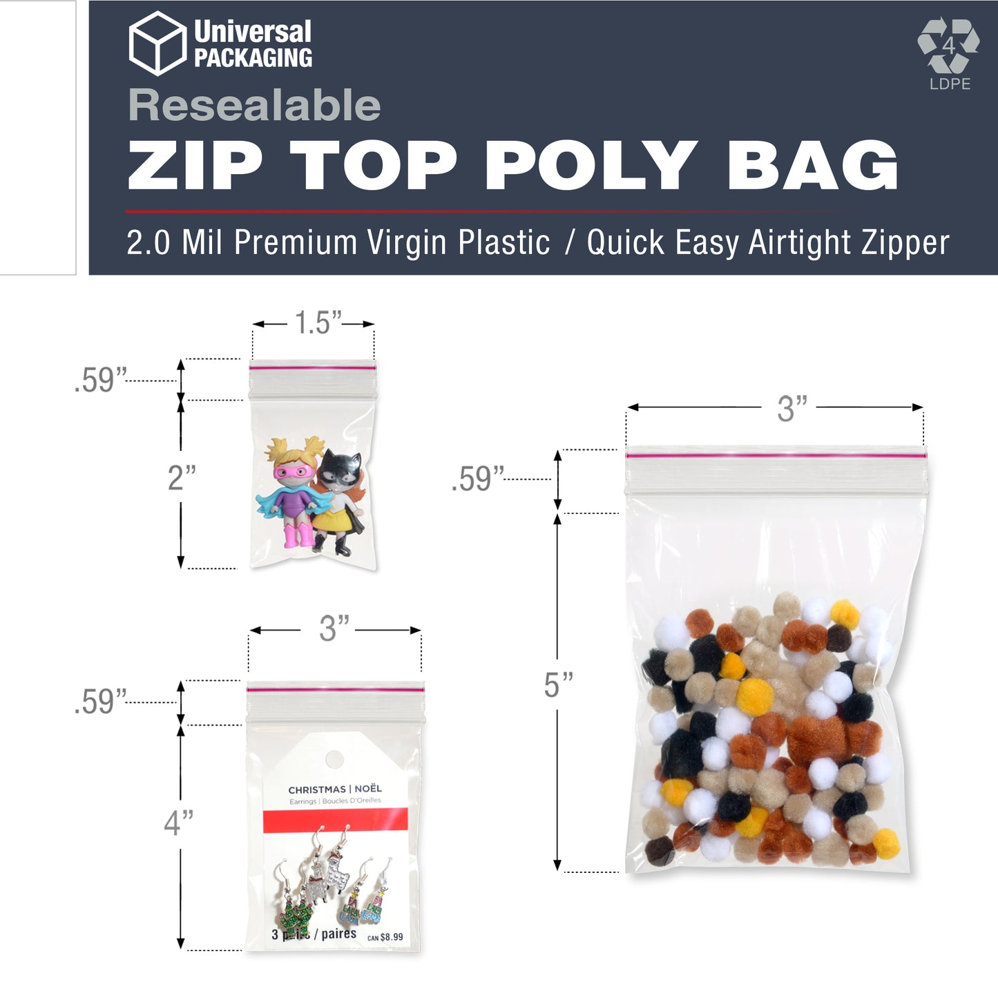 color: clear ~ size 3" x 4" (1000 count) ~ alt: Clear 2.0 mil Re-sealable Bags