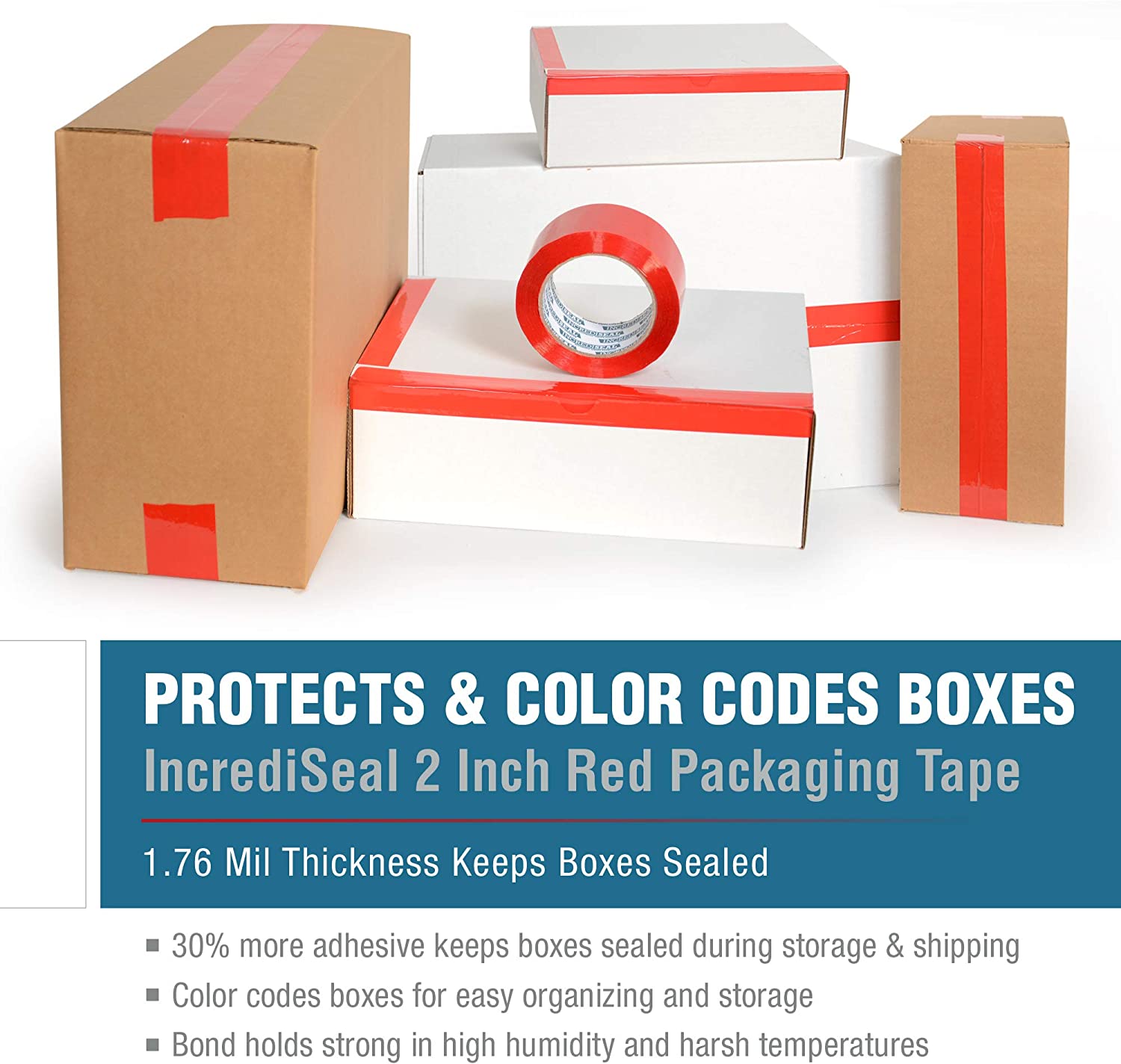 color: red ~ size 2" ~ alt: AT2-R2520 IncrediSeal ™ Polypro Packaging Tape, 2" x 110 yds, x 1.76 mil, Red Packaging Tape, 36 rolls/case
