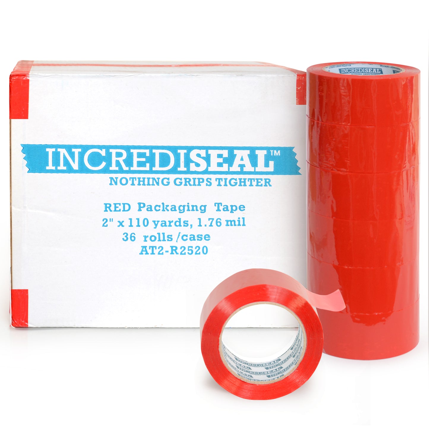 color: red ~ size 2" ~ alt: AT2-R2520 IncrediSeal ™ Polypro Packaging Tape, 2" x 110 yds, x 1.76 mil, Red Packaging Tape, 36 rolls/case