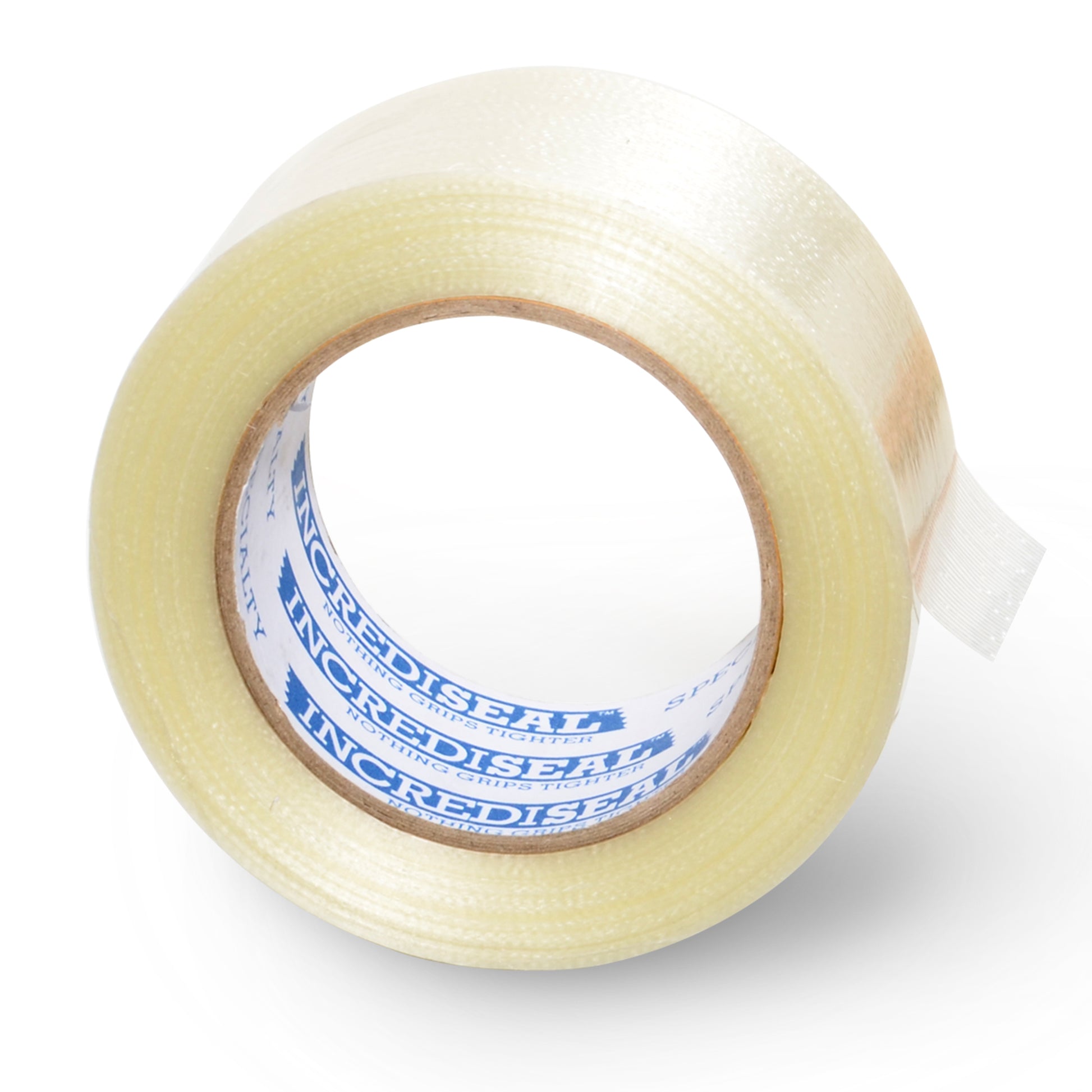 color: clear with filaments ~ alt: Custom Slit Filament Tape, 4.25 Mil, 60 Yards