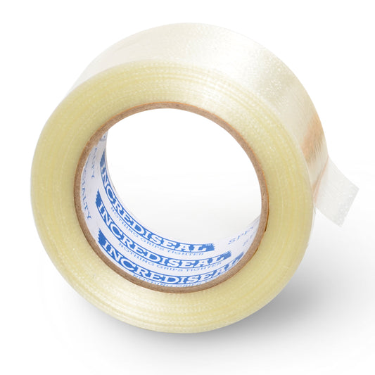 color: clear with filaments ~ alt: Custom Slit Filament Tape, 4.25 Mil, 60 Yards