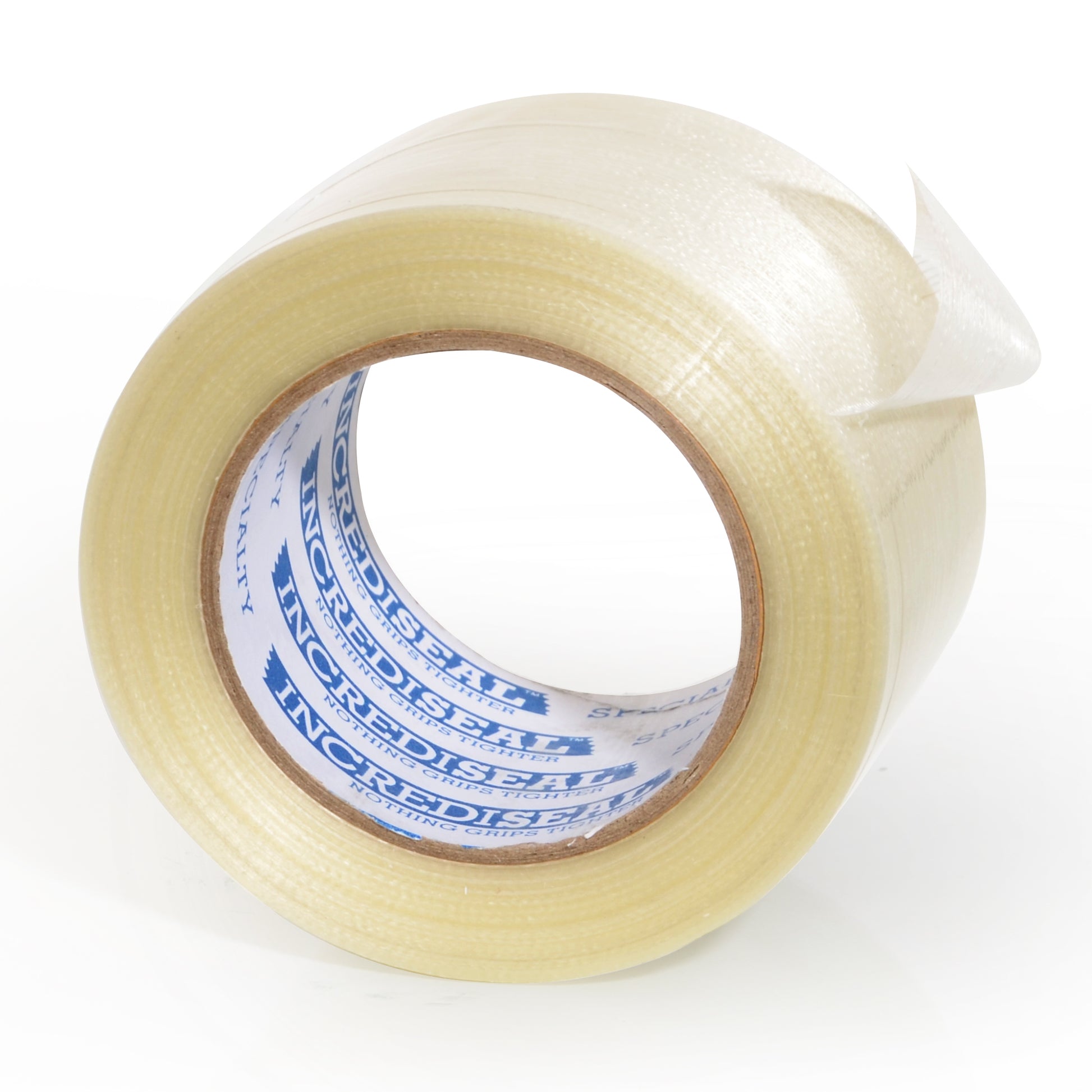 color: clear with filaments ~ alt: Custom Slit Filament Tape, 4.25 Mil, 60 Yards