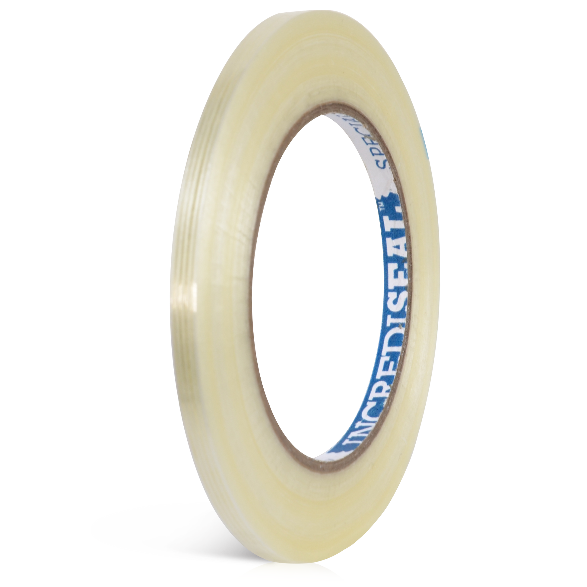 color: clear with filaments ~ alt: Custom Slit Filament Tape, 4.25 Mil, 60 Yards