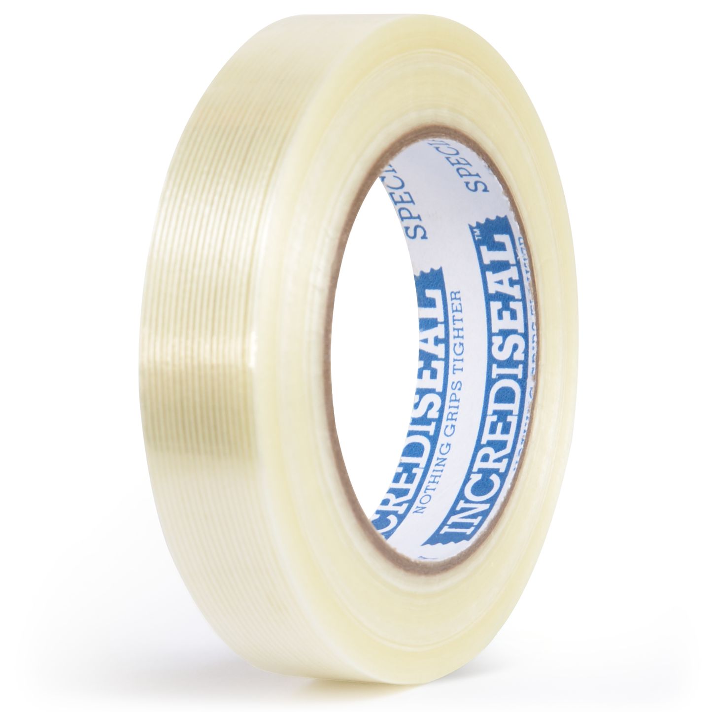 color: clear with filaments ~ alt: Custom Slit Filament Tape, 4.25 Mil, 60 Yards