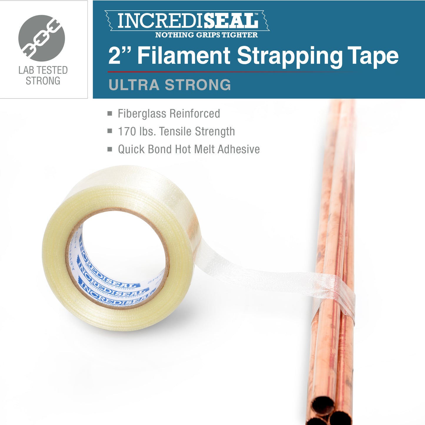 color: clear with filaments ~ alt: Custom Slit Filament Tape, 4.25 Mil, 60 Yards