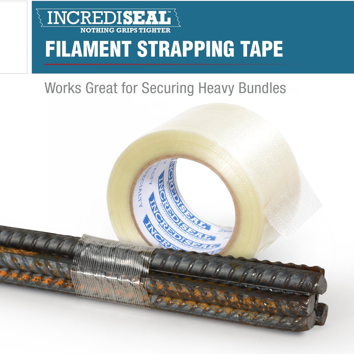 color: clear with filaments ~ alt: Custom Slit Filament Tape, 4.25 Mil, 60 Yards