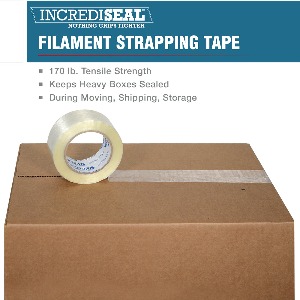color: clear with filaments ~ alt: Custom Slit Filament Tape, 4.25 Mil, 60 Yards