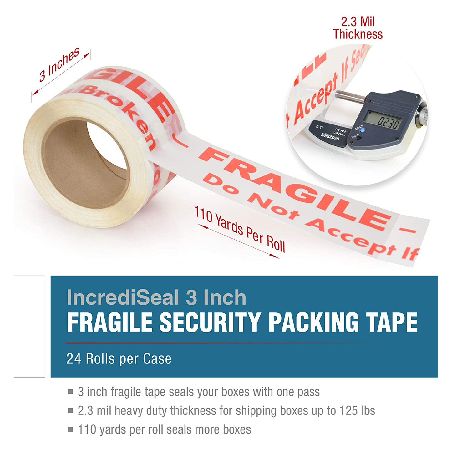 color: white ~ size 3" ~ alt: AT3-W3028 IncrediSeal ™ Polypro White Fragile Tape, 3" x 110 yards, 2.30 mil, White w/ Red print, 24 rolls per case
