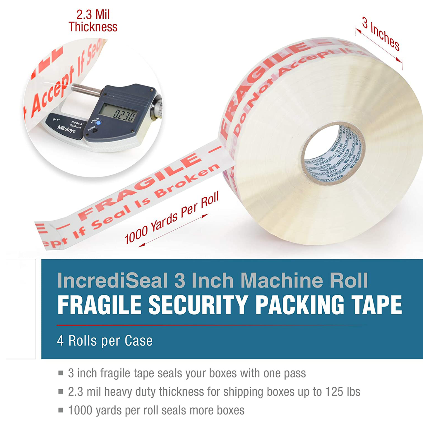 color: white ~ size 3" ~ alt: AT3-W3028M IncrediSeal ™ Polypro White Fragile Tape, 3" x 1000 yards, 2.30 mil, White w/ Red print, 4 rolls per case