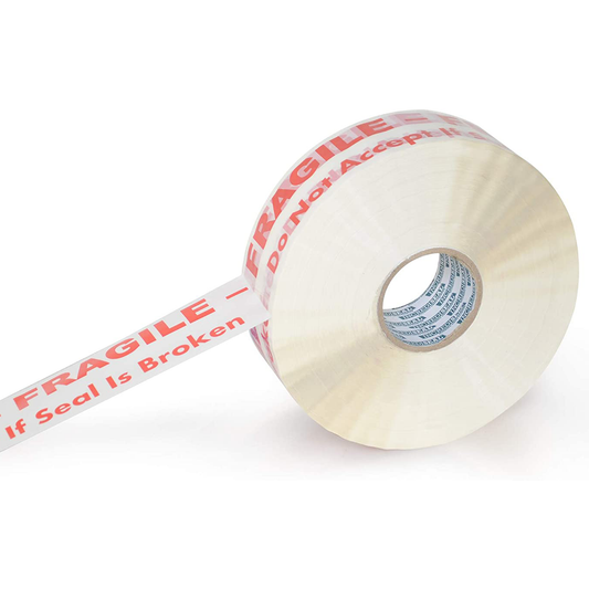 color: white ~ size 3" ~ alt: AT3-W3028M IncrediSeal ™ Polypro White Fragile Tape, 3" x 1000 yards, 2.30 mil, White w/ Red print, 4 rolls per case