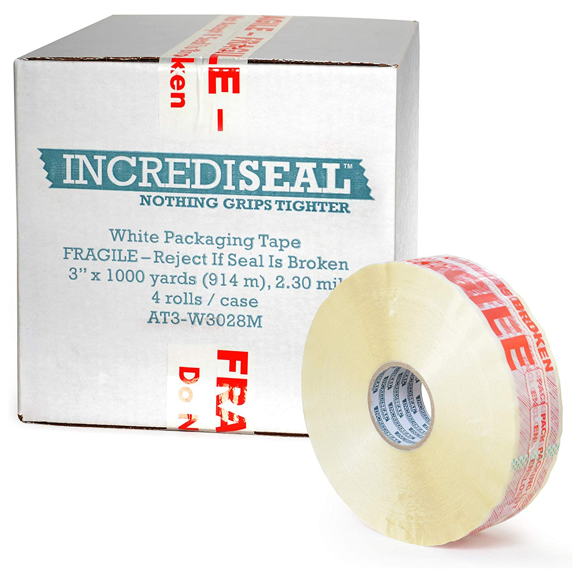 color: white ~ size 3" ~ alt: AT3-W3028M IncrediSeal ™ Polypro White Fragile Tape, 3" x 1000 yards, 2.30 mil, White w/ Red print, 4 rolls per case