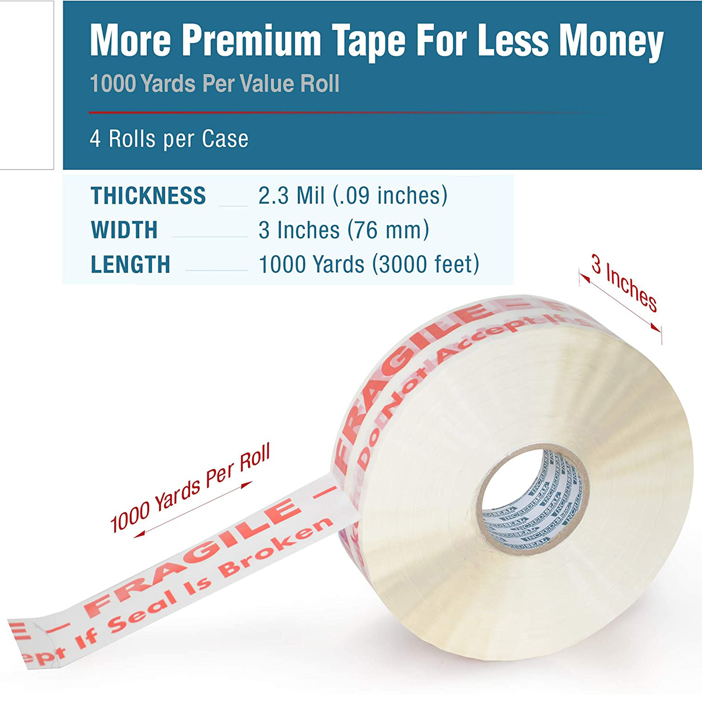 color: white ~ size 3" ~ alt: AT3-W3028M IncrediSeal ™ Polypro White Fragile Tape, 3" x 1000 yards, 2.30 mil, White w/ Red print, 4 rolls per case