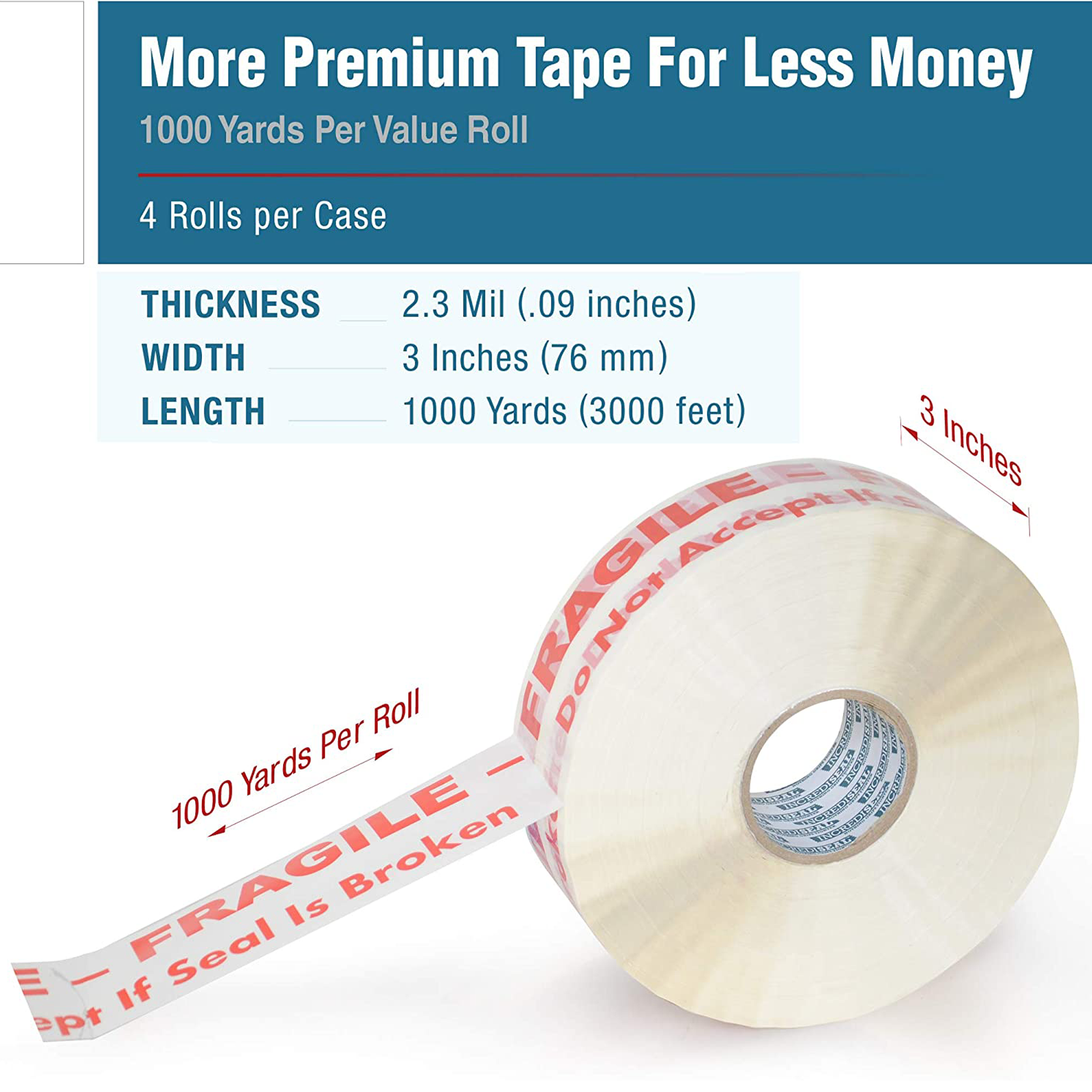 color: white ~ size 3" ~ alt: AT3-W3028M IncrediSeal ™ Polypro White Fragile Tape, 3" x 1000 yards, 2.30 mil, White w/ Red print, 4 rolls per case