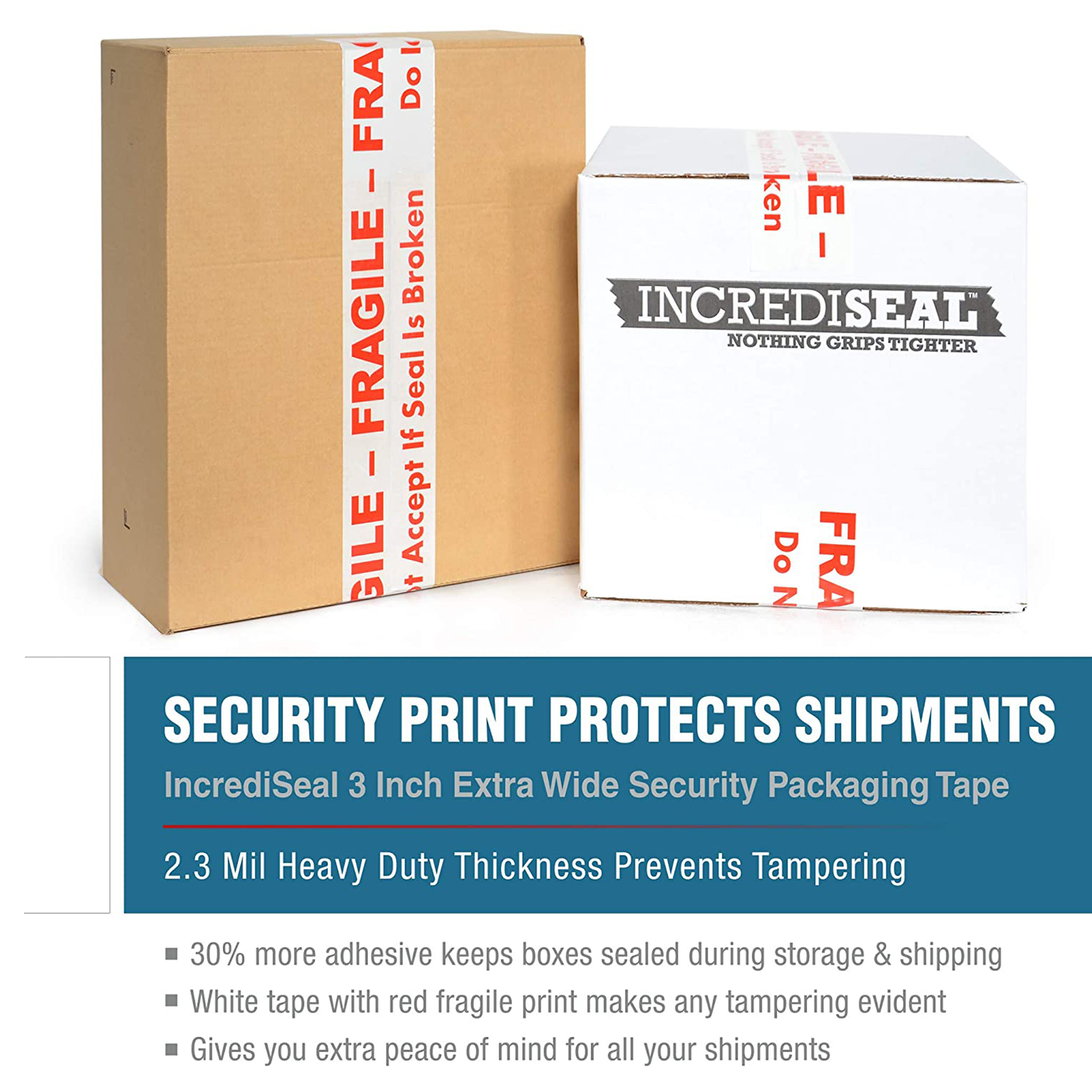 color: white ~ size 3" ~ alt: AT3-W3028 IncrediSeal ™ Polypro White Fragile Tape, 3" x 110 yards, 2.30 mil, White w/ Red print, 24 rolls per case