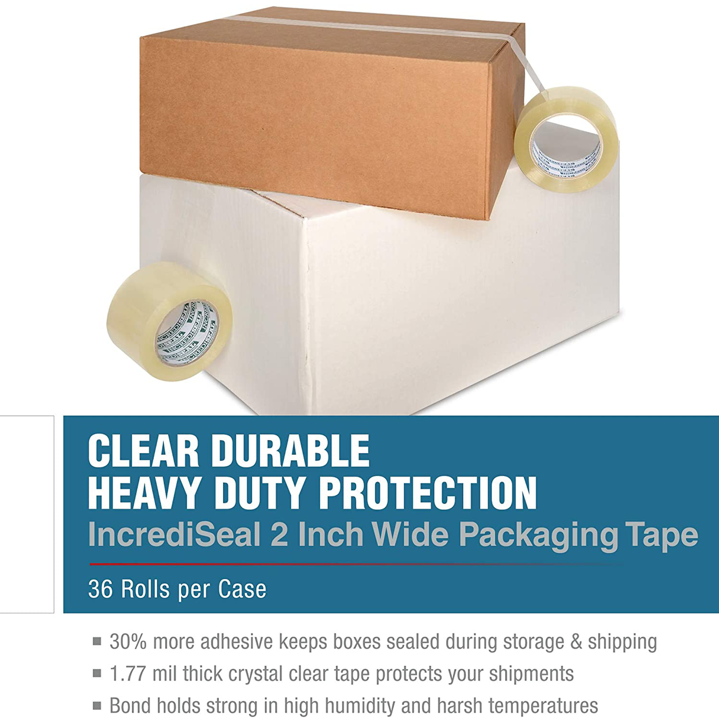 color: clear ~ size 2" ~ alt: IncrediSeal Clear Heavy Duty Packaging Packing Shipping Tape, 2 Inch x 110 Yards x 1.77 Mil (36 Rolls per Case)