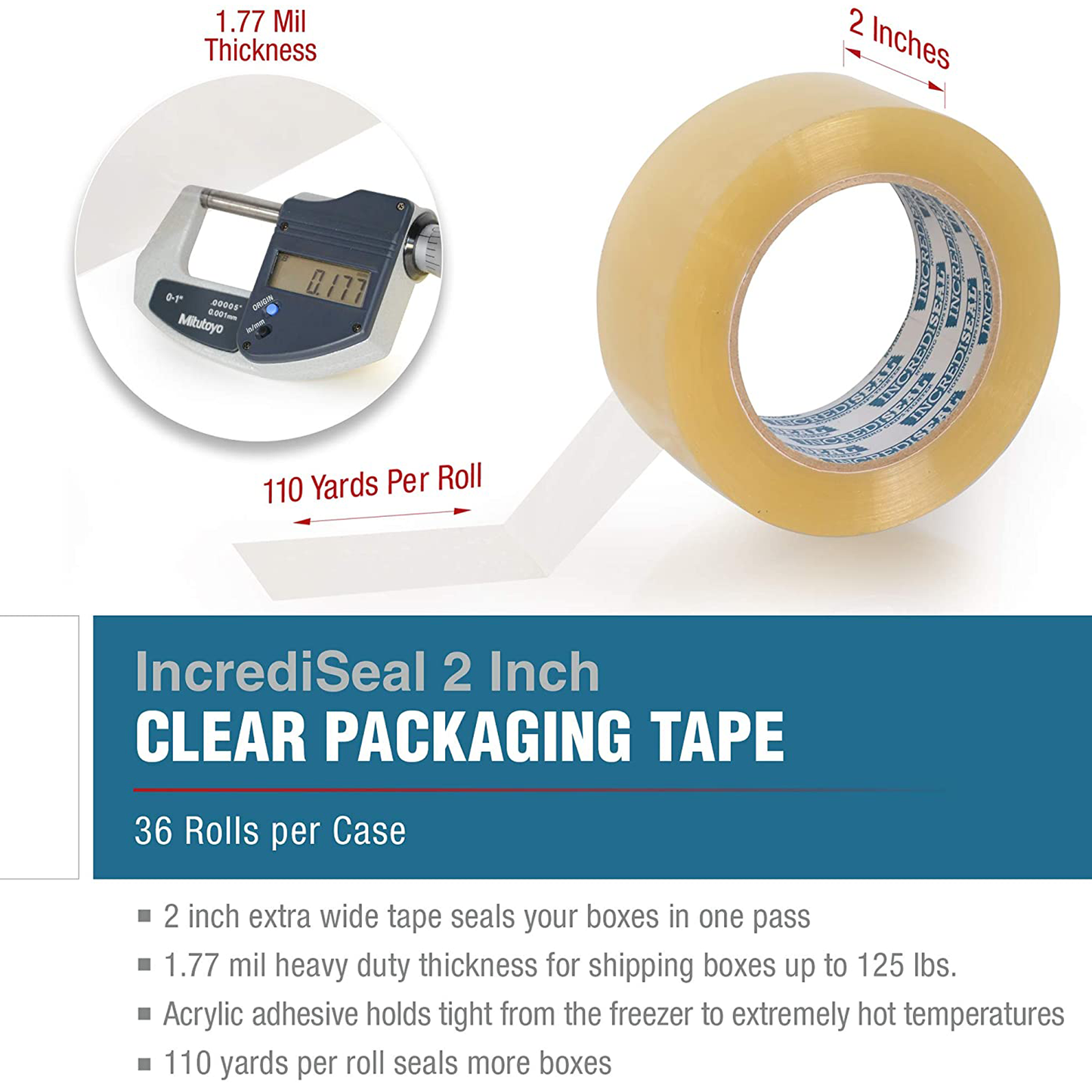 color: clear ~ size 2" ~ alt: IncrediSeal Clear Heavy Duty Packaging Packing Shipping Tape, 2 Inch x 110 Yards x 1.77 Mil (36 Rolls per Case)
