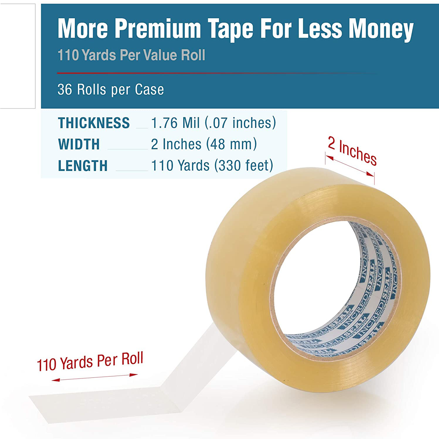 color: clear ~ size 2" ~ alt: IncrediSeal Clear Heavy Duty Packaging Packing Shipping Tape, 2 Inch x 110 Yards x 1.77 Mil (36 Rolls per Case)