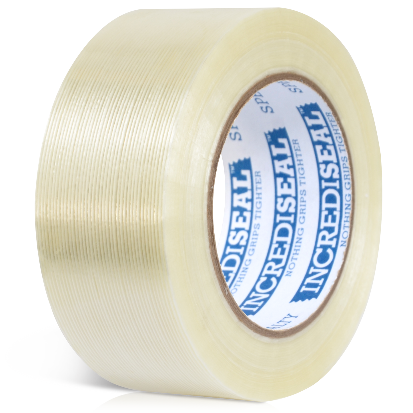 color: clear with filaments ~ alt: Custom Slit Filament Tape, 4.25 Mil, 60 Yards