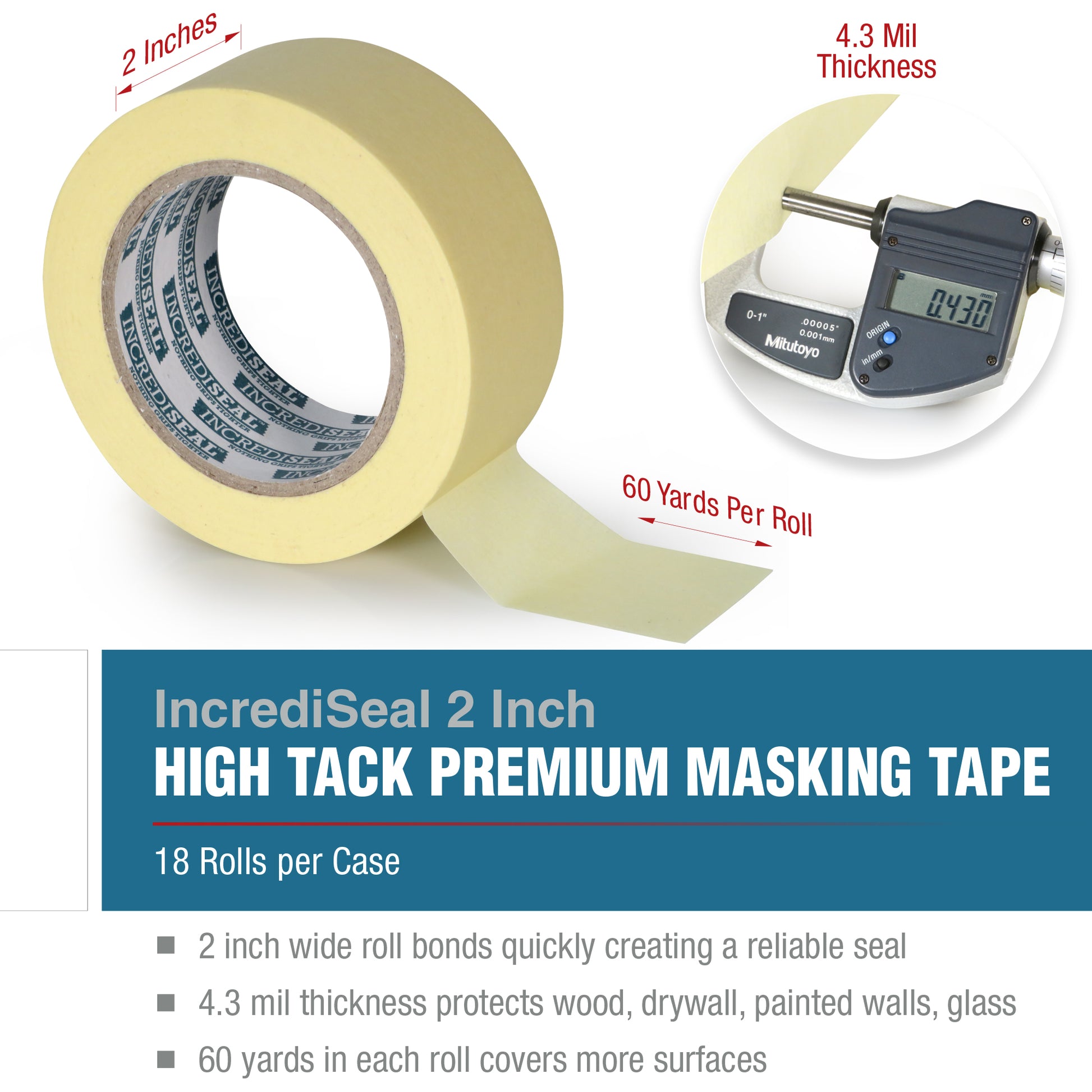 color: crepe ~ size 2" ~ alt: MT2-10430 IncrediSeal ™ High Tack Masking Tape, 2" x 60 yds, x 4.30 mil, 18 rolls/case