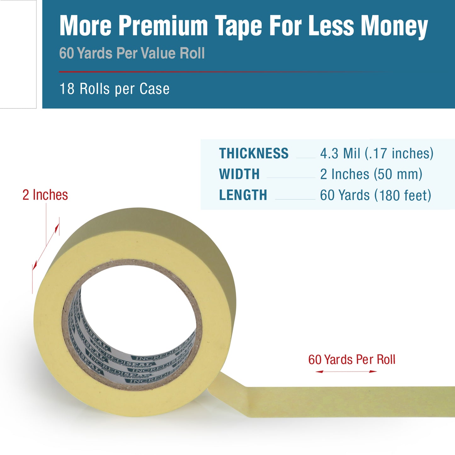 color: crepe ~ size 2" ~ alt: MT2-10430 IncrediSeal ™ High Tack Masking Tape, 2" x 60 yds, x 4.30 mil, 18 rolls/case