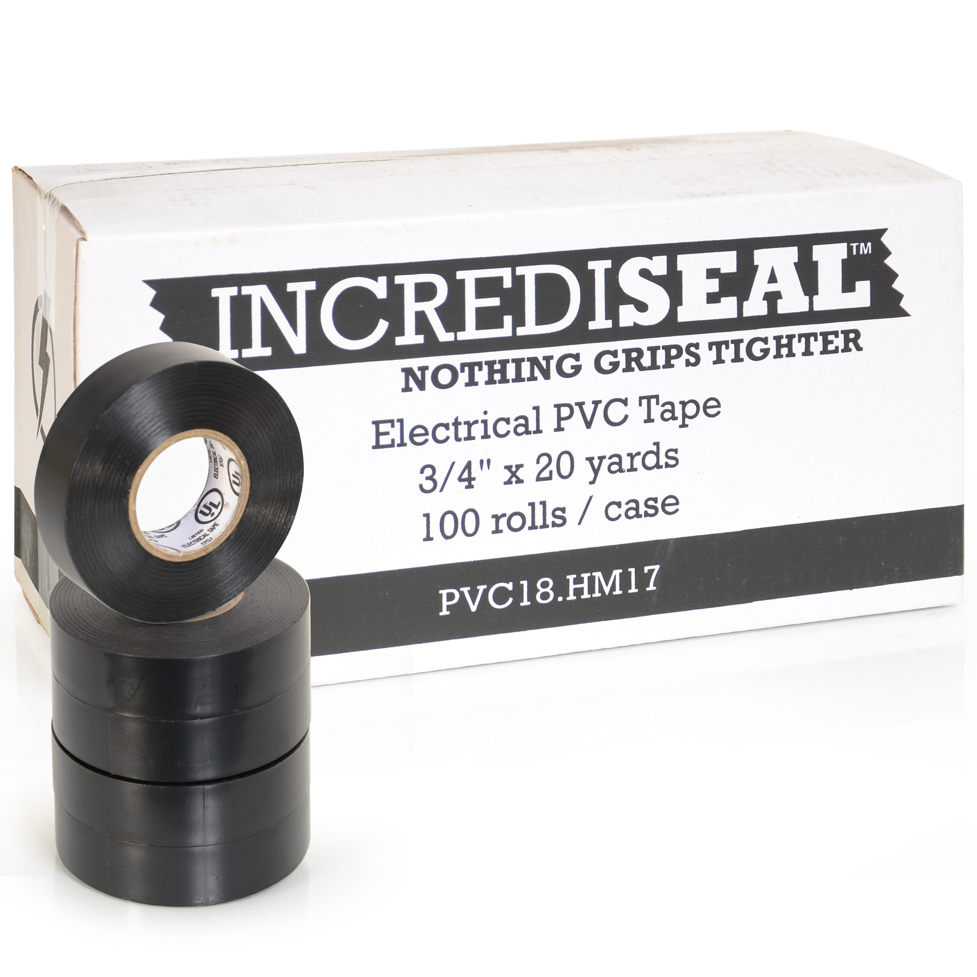 color: black ~ size 3/4" ~ alt: UNPK-PVC18.HM17 IncrediSeal Electrical Tape, 3/4" x 20 yds, 7.0 mil, Black, 100 rolls/case