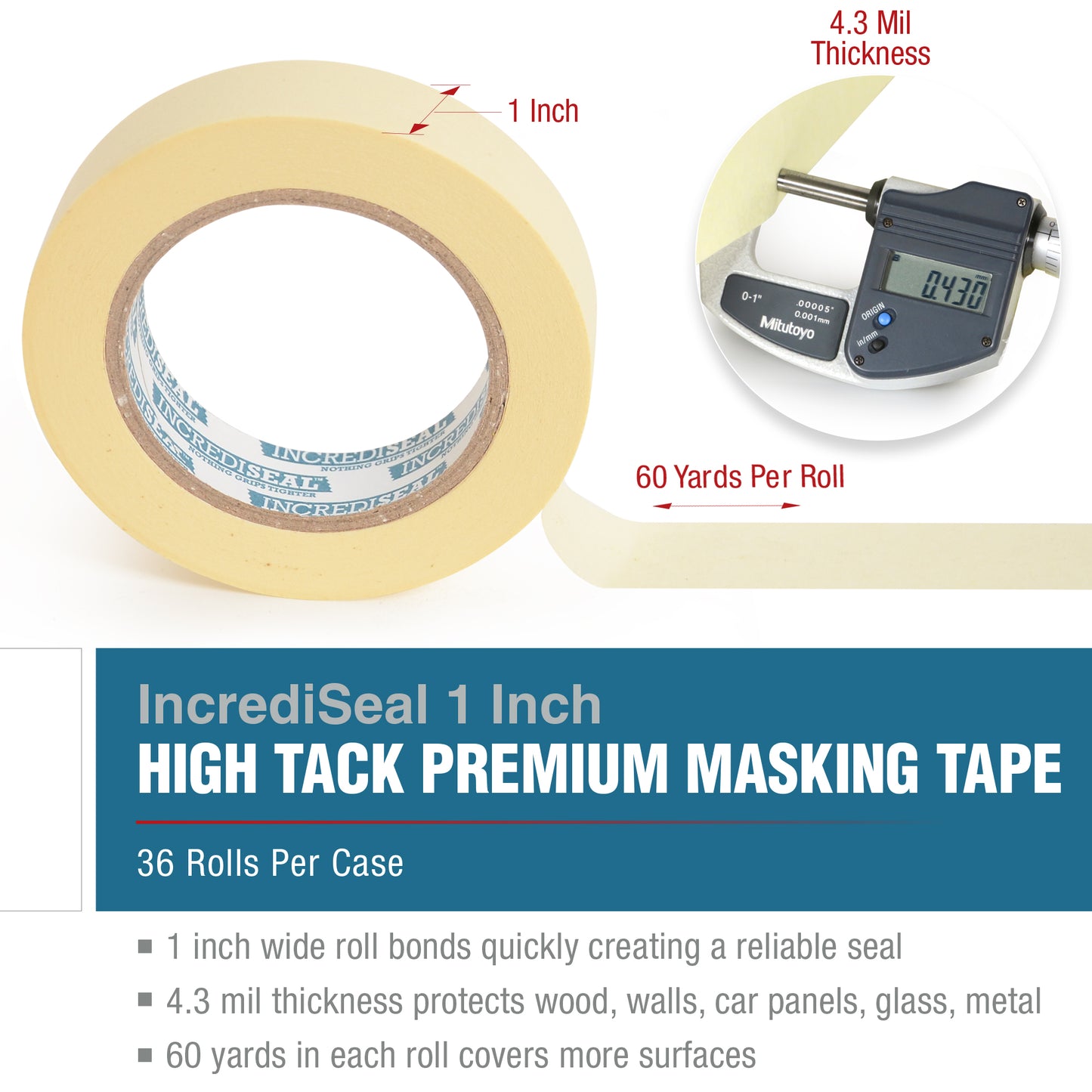 color: crepe ~ size 1" ~ alt: MT1-10430 IncrediSeal ™ High Tack Masking Tape, 1" x 60 yds, x 4.30 mil, 36 rolls/case