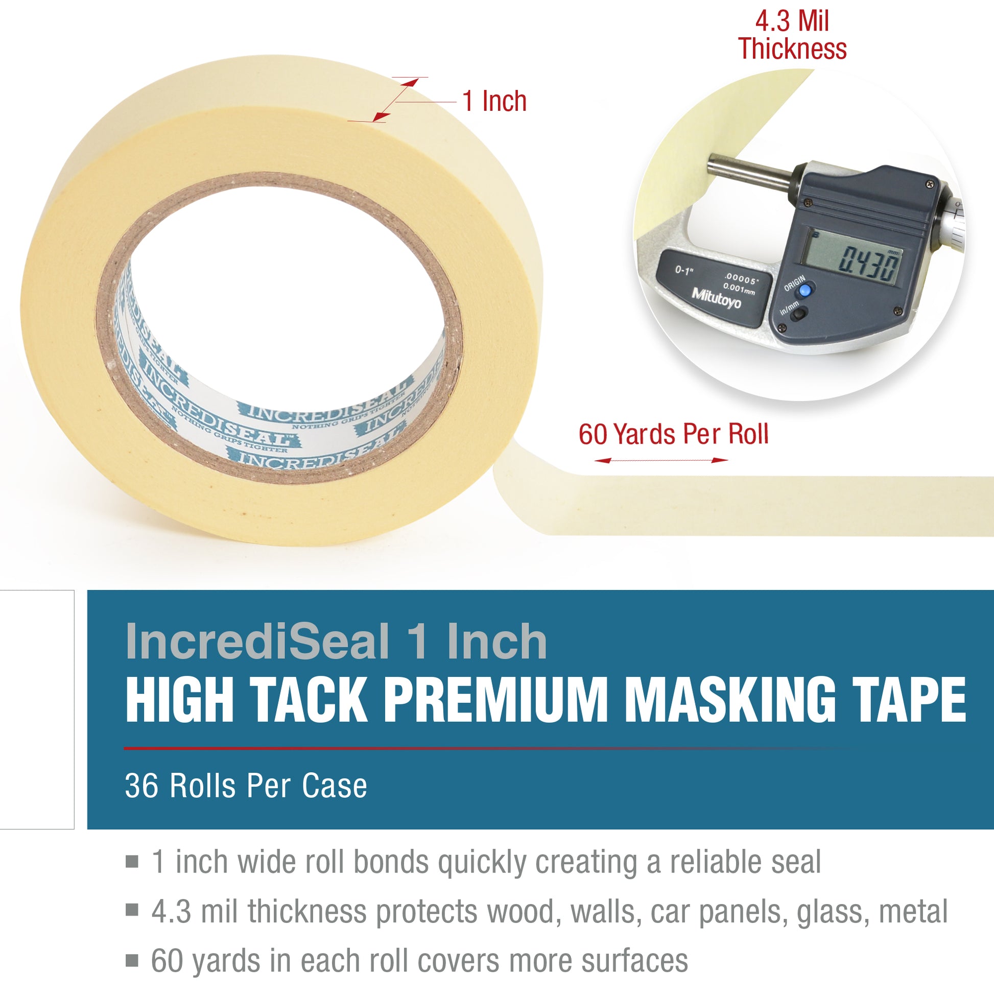 color: crepe ~ size 1" ~ alt: MT1-10430 IncrediSeal ™ High Tack Masking Tape, 1" x 60 yds, x 4.30 mil, 36 rolls/case