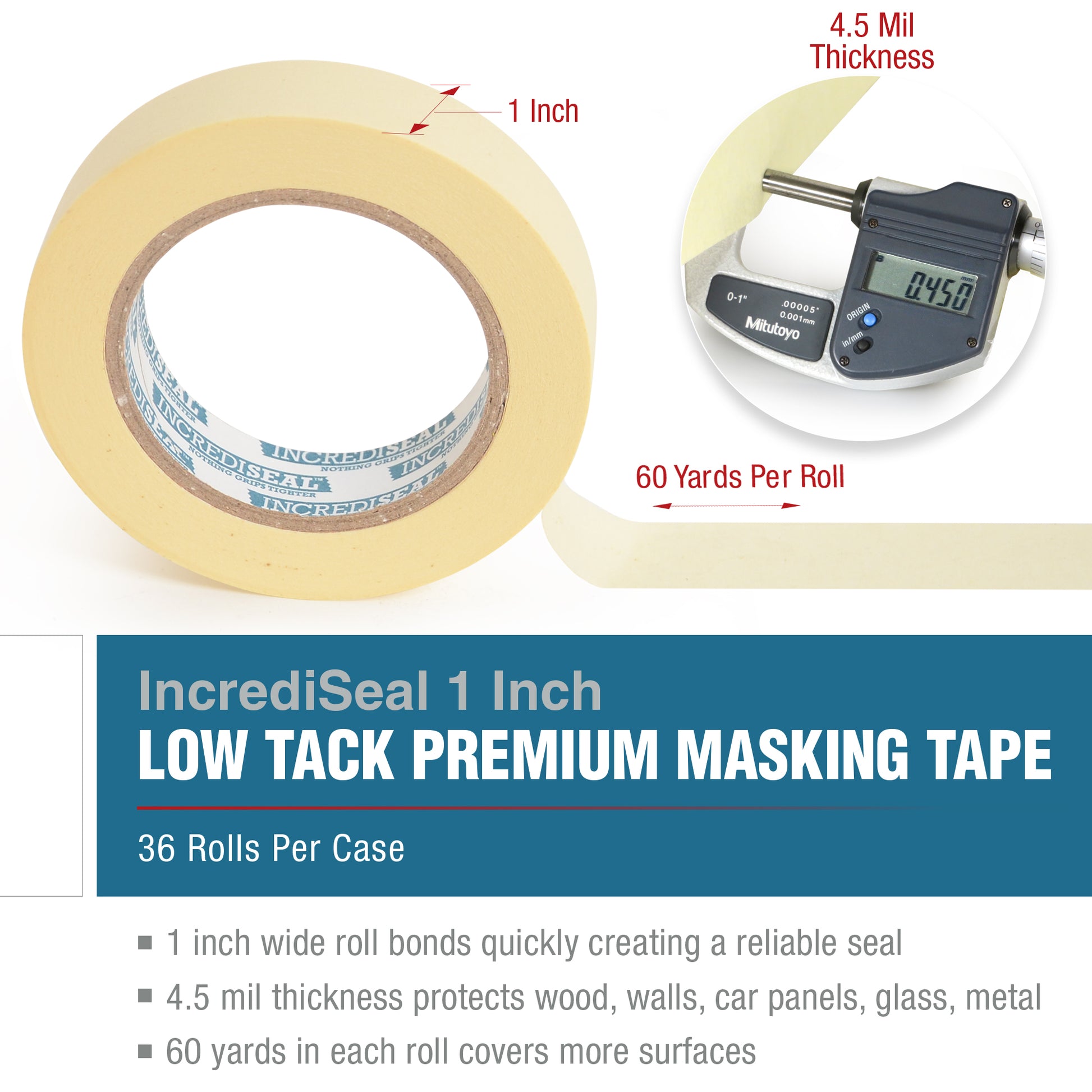 color: crepe ~ size 1" ~ alt: MT1-10040 IncrediSeal ™ Low Tack Masking Tape, 1" x 60 yds, x 4.50 mil, 36 rolls/case 