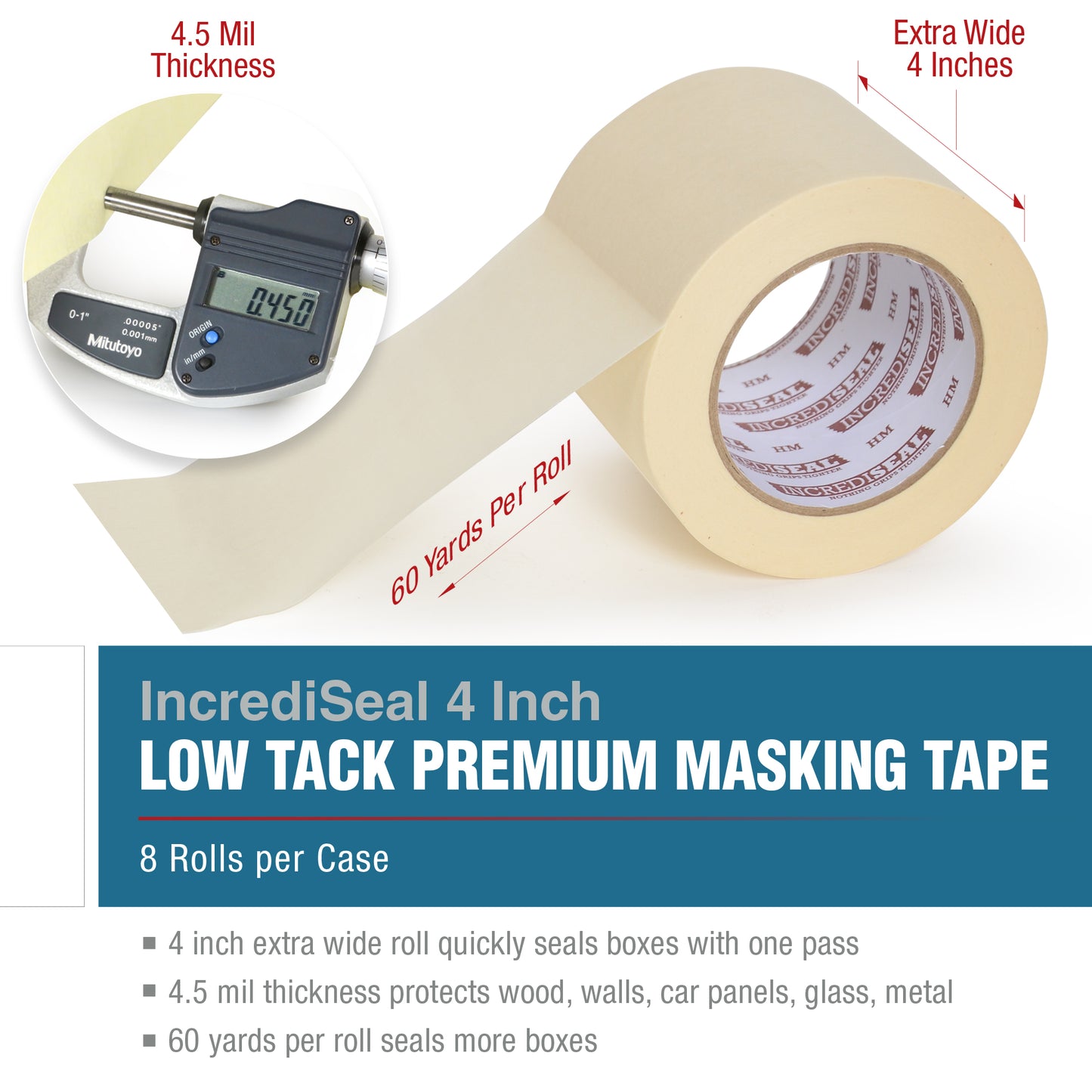 color: crepe ~ size 4" ~ alt: MT4-10040 IncrediSeal ™ Low Tack Masking Tape, 4" x 60 yds, x 4.50 mil, 8 Rolls per Case Edit alt text