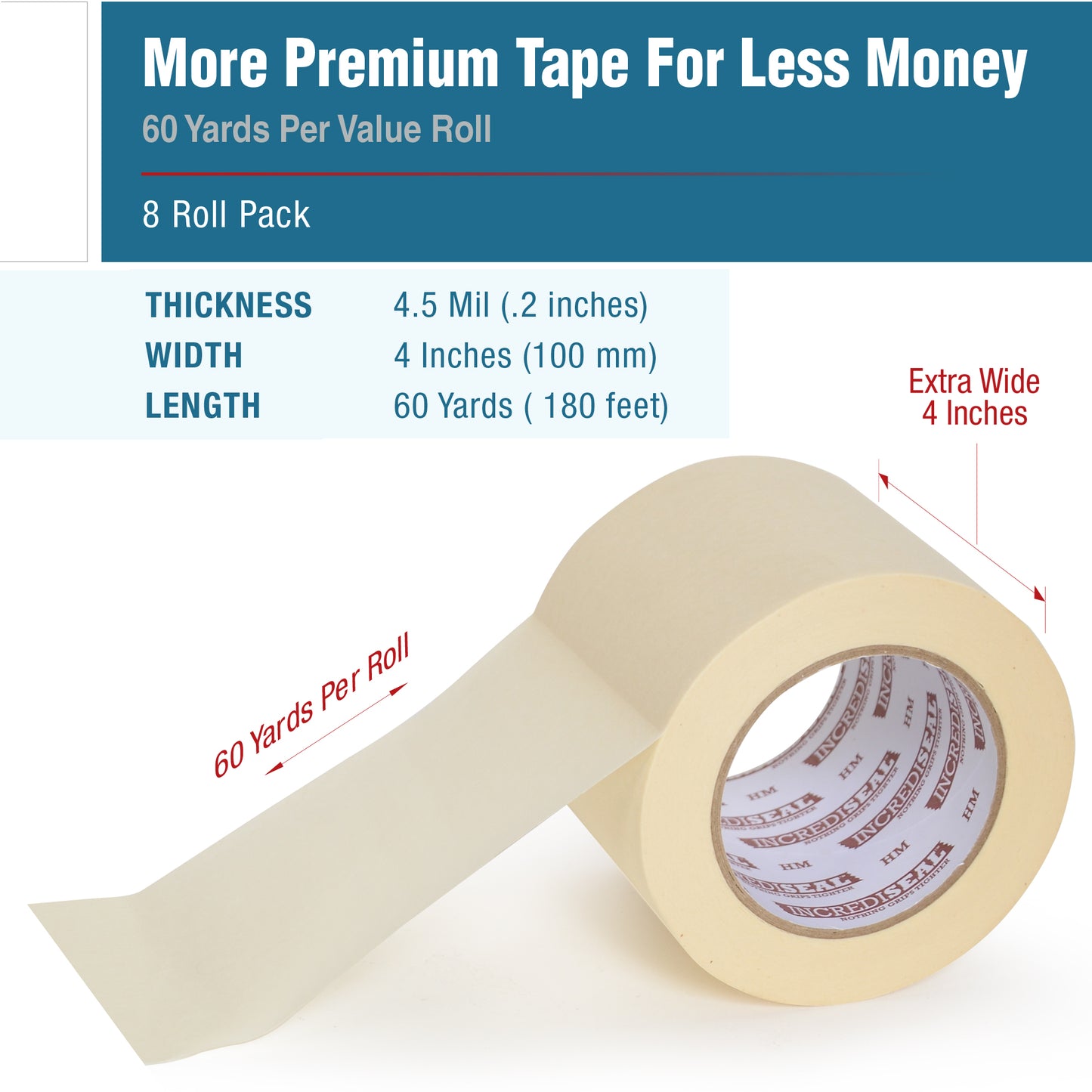 color: crepe ~ size 4" ~ alt: MT4-10040 IncrediSeal ™ Low Tack Masking Tape, 4" x 60 yds, x 4.50 mil, 8 Rolls per Case Edit alt text