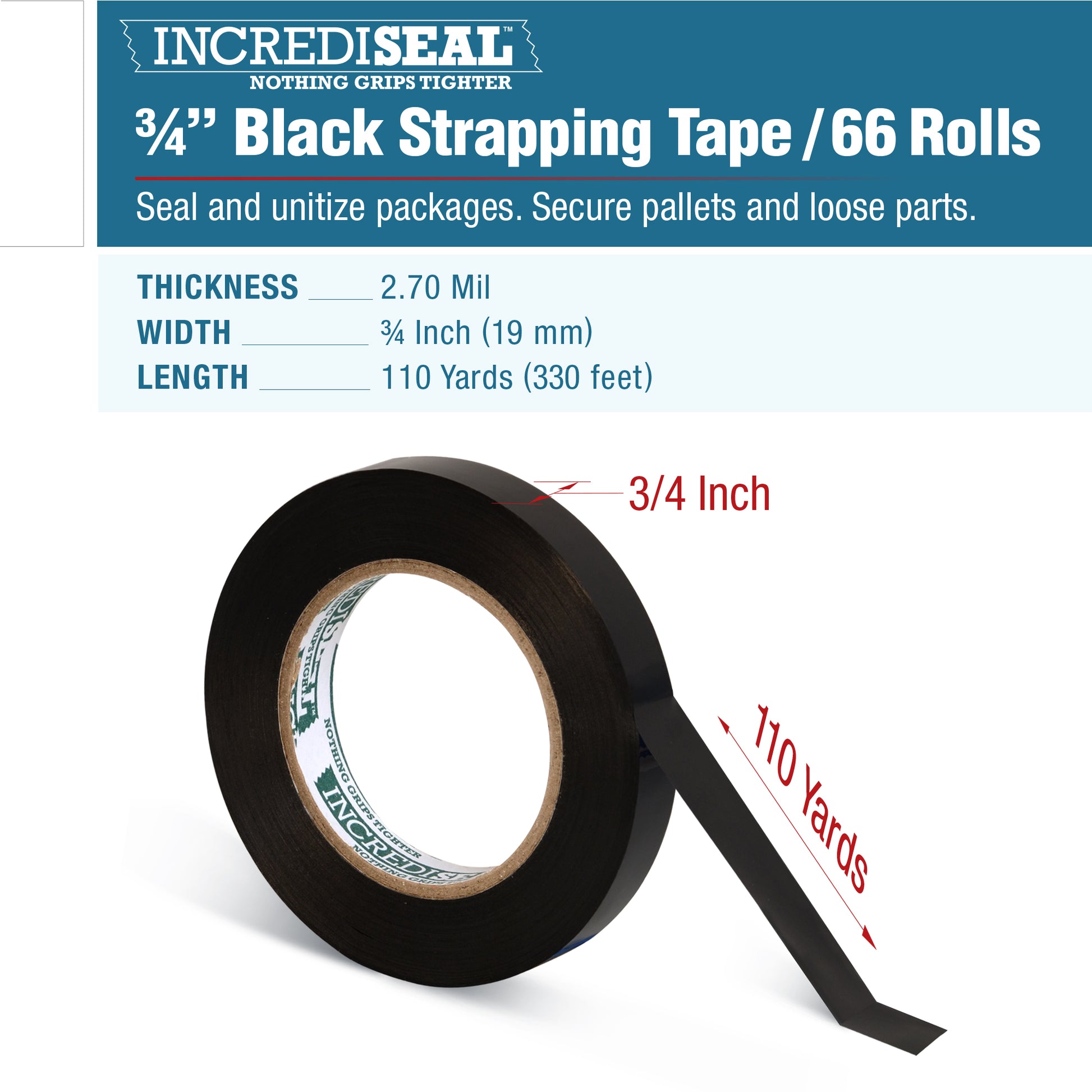color: black ~ size 3/4" ~ alt: AT34-4028 IncrediSeal ™ Polypro Strapping Tape, 3/4" x 110 yds, 2.70 mil, Black, 66 rolls/case