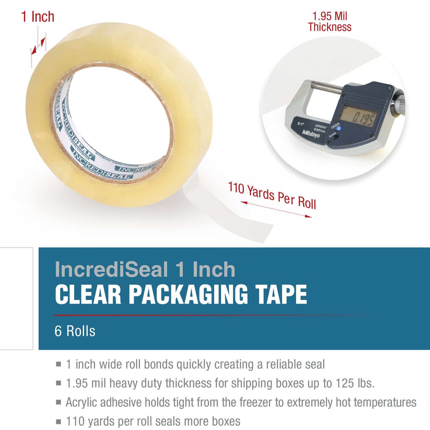 color: clear ~ size 1" ~ alt: AT1-2822-6 IncrediSeal™ Clear Stationery Tape 1" X 110 yds, 6 rolls/case