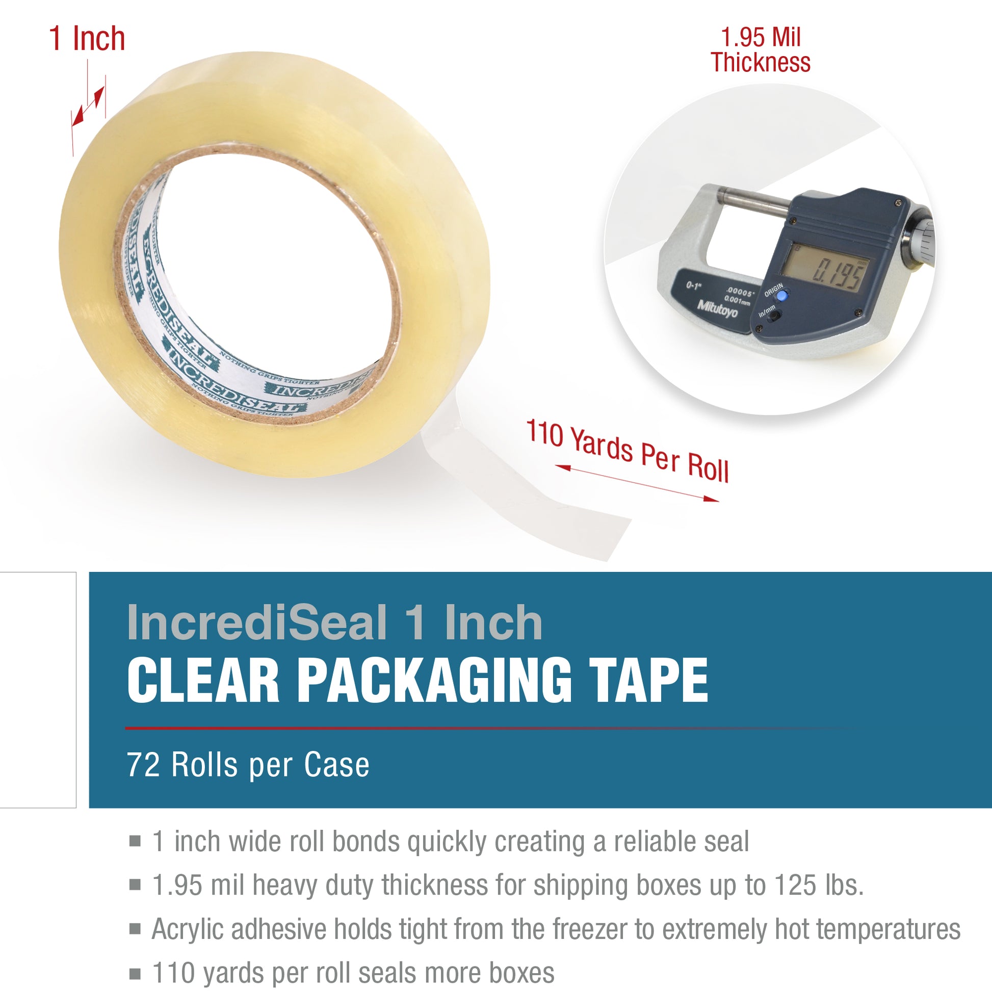 color: clear ~ size 1" ~ alt: AT1-2822  IncrediSeal ™ Polypro Strapping Tape, 1" x 110 yds, 1.95 mil,  Clear, 72 rolls/case