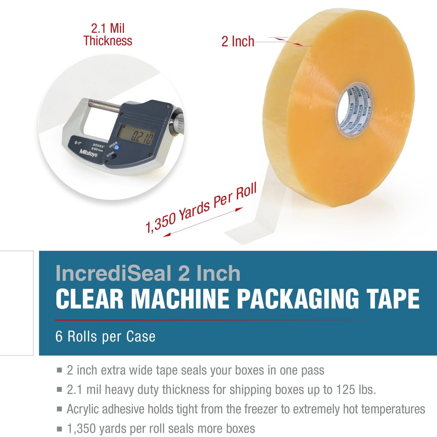 color: clear ~ size 2" ~ alt: AT2-3023M IncrediSeal ™ Polypro Packaging Tape 2" x 1350 yds, 2.10 mil, Clear Machine Tape 6 Rolls per Case
